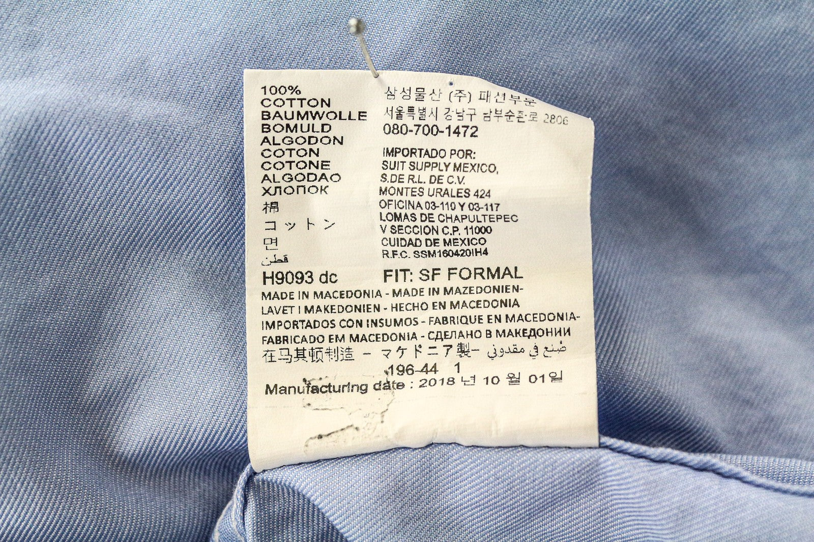 SUITSUPPLY Men's Shirt 39/15.5 Slim Blue Pure Cotton Long Sleeve Casual Classic