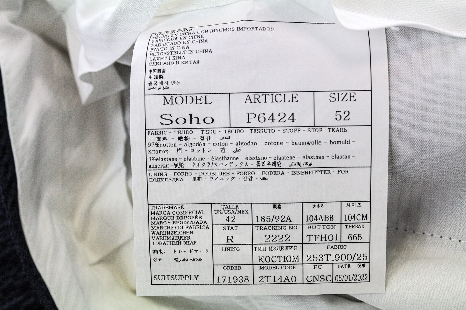 SUITSUPPLY Soho Men's Pants UK42R Navy Blue Stretch Cotton Pleated Dress Trouser