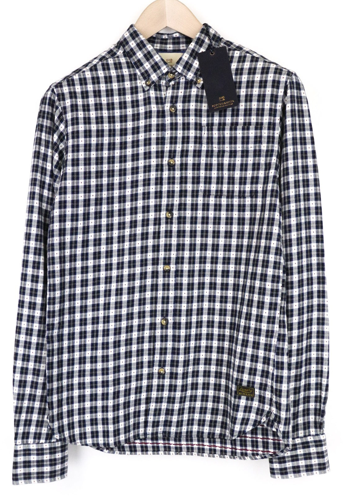 SCOTCH & SODA Men's Shirt S Navy Blue Check Plaid Pure Cotton Button-Down
