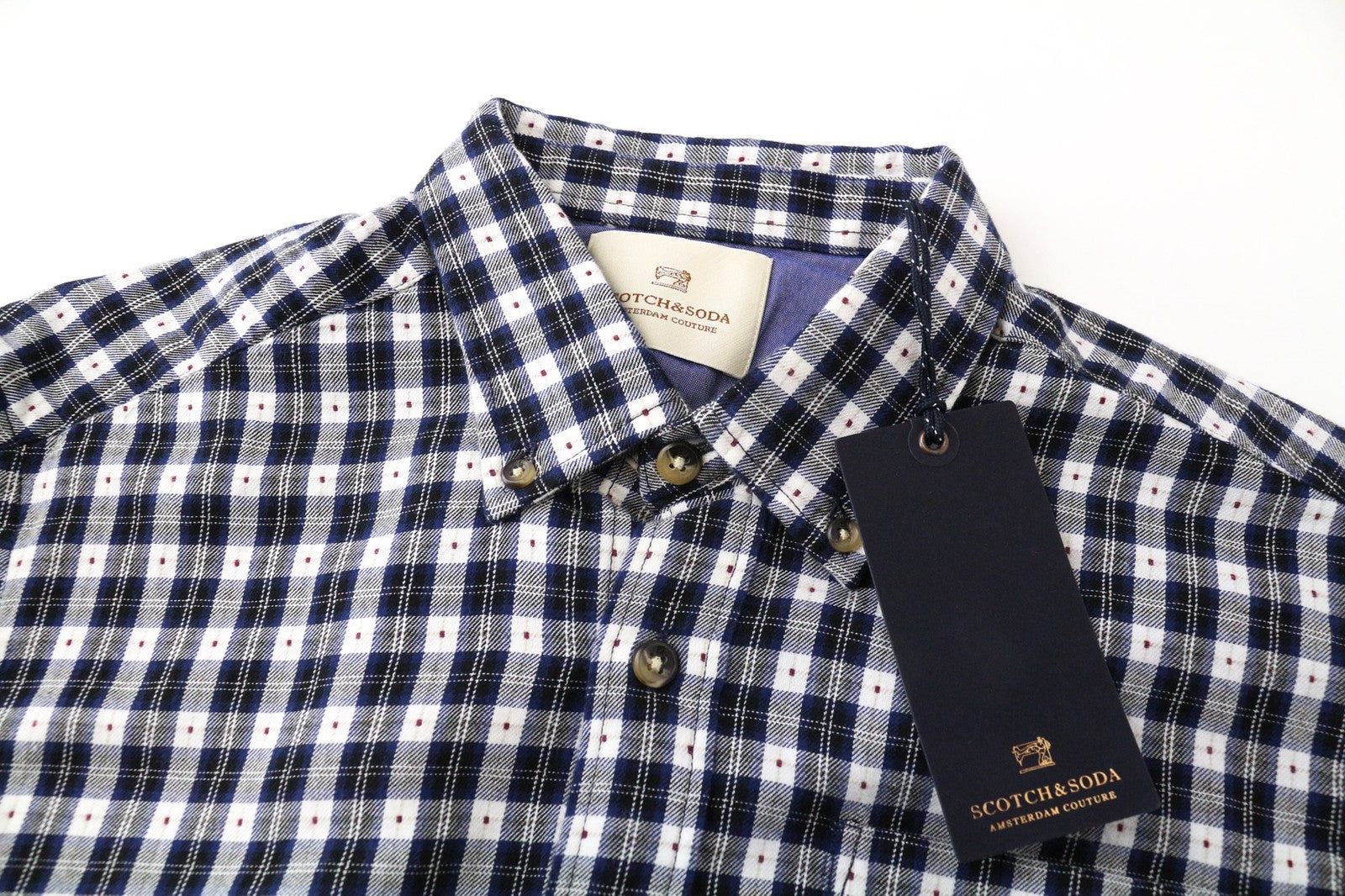 SCOTCH & SODA Men's Shirt S Navy Blue Check Plaid Pure Cotton Button-Down