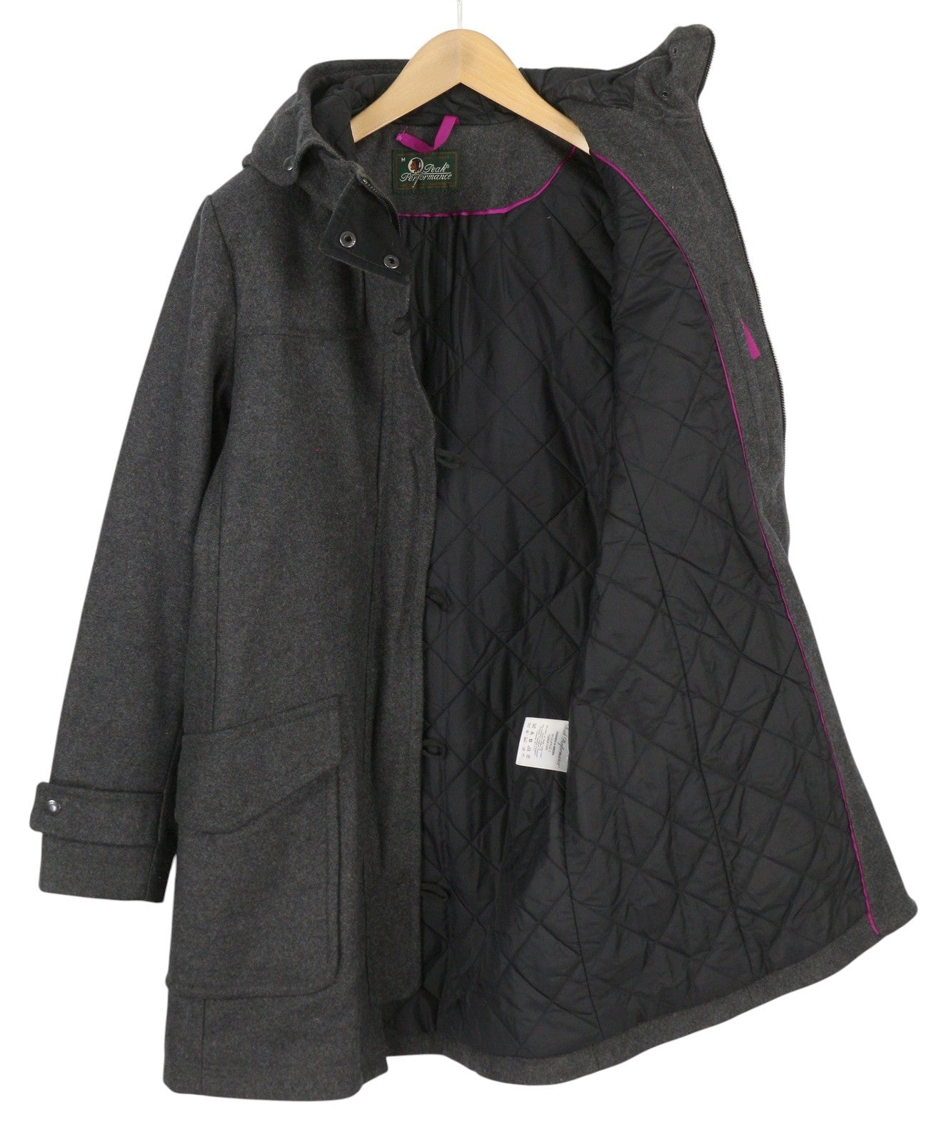 PEAK PERFORMANCE Duffle Women Coat M Melange Grey Wool Blend Toggles Hooded