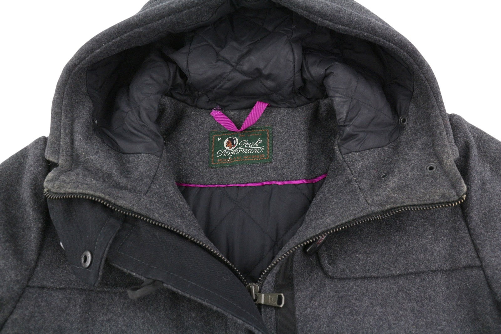 PEAK PERFORMANCE Duffle Women Coat M Melange Grey Wool Blend Toggles Hooded