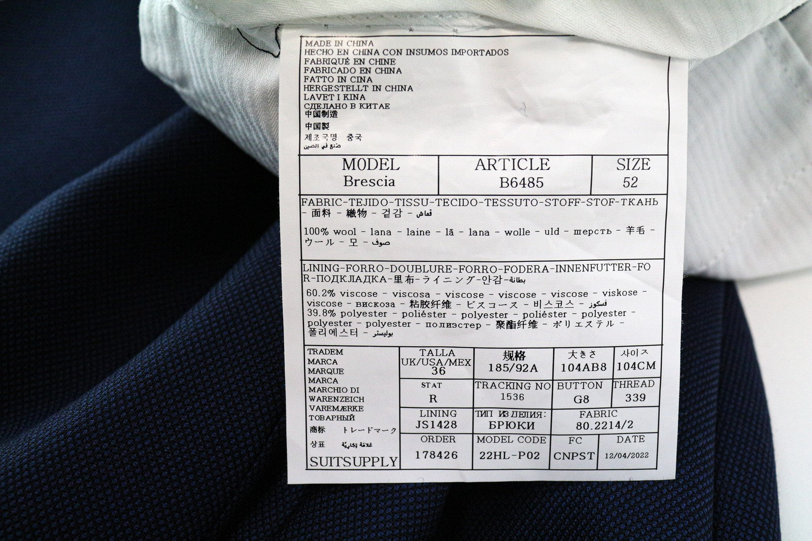 SUITSUPPLY Brescia Men's Pants UK36R Blue Slim Fit Wool Bird's Eye Check Lined