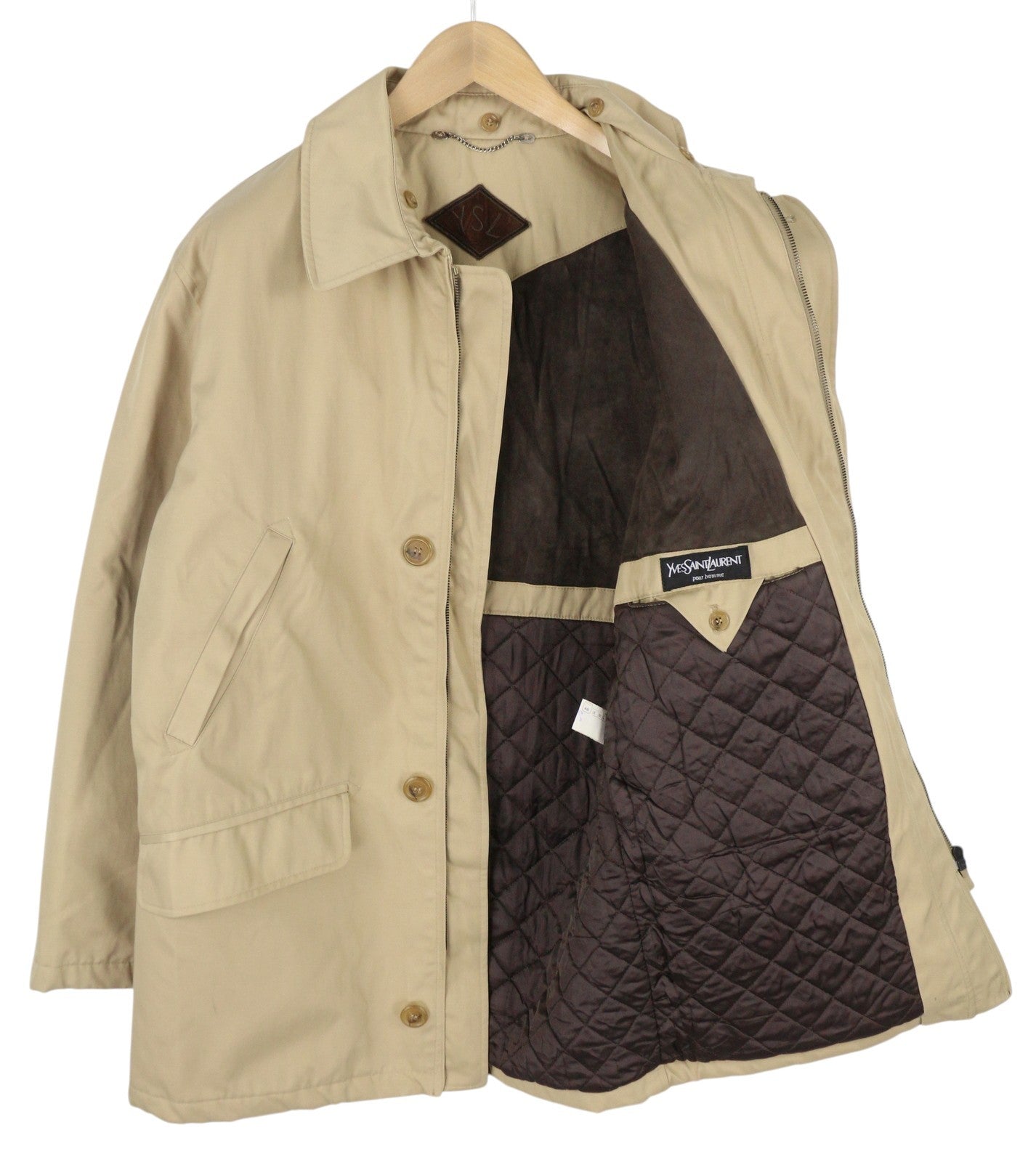 YVES SAINT LAURENT Men Jacket Coat 48 Beige Full Zip Spread Collar Vintage Lined