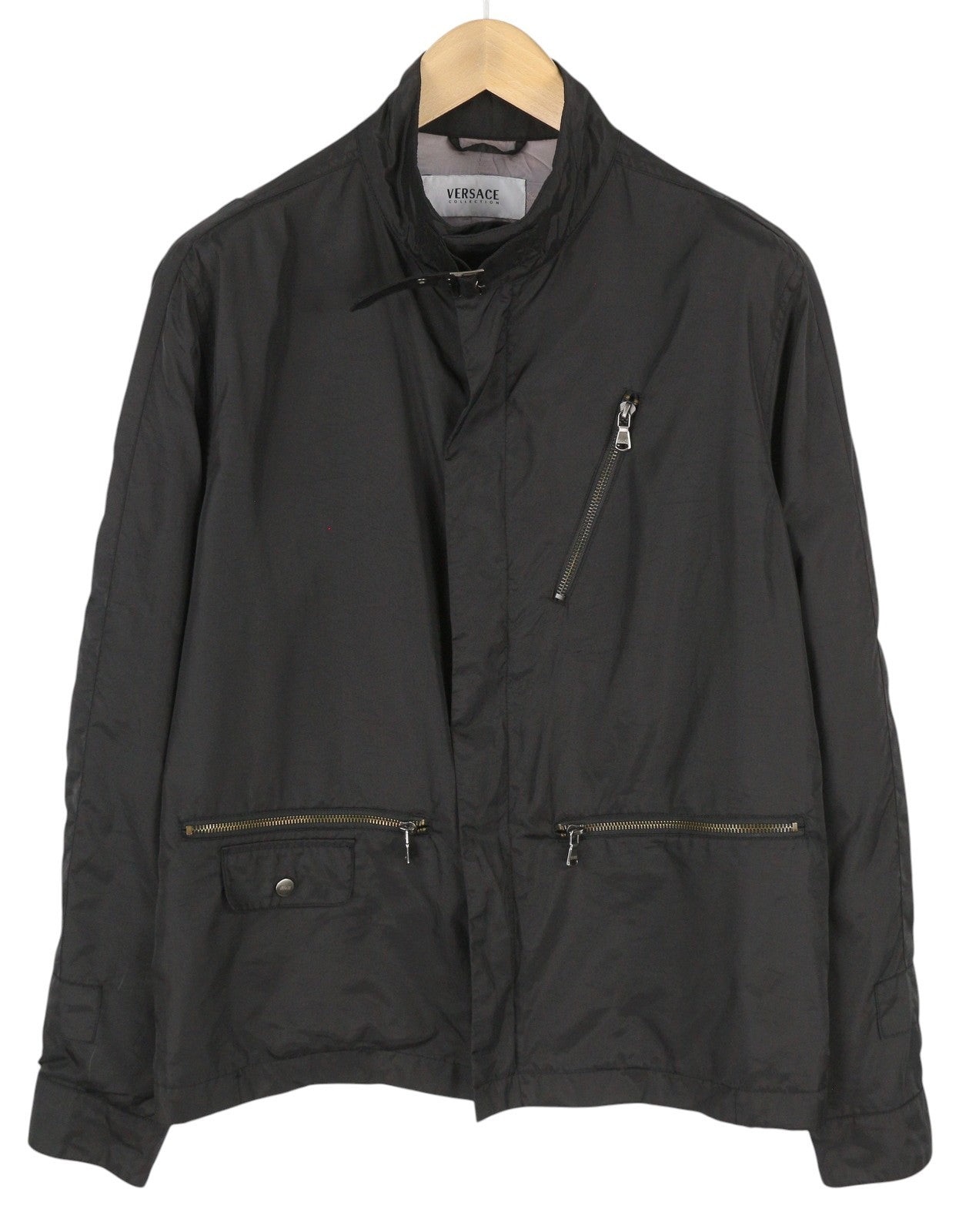 VERSACE Men Jacket 50 Black High Band Neck Lined Zipper Pockets Lightweight