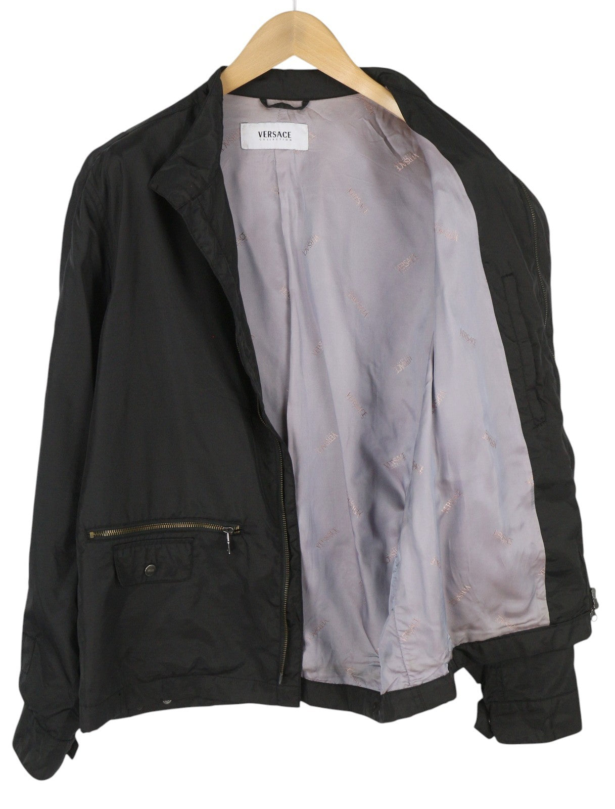 VERSACE Men Jacket 50 Black High Band Neck Lined Zipper Pockets Lightweight