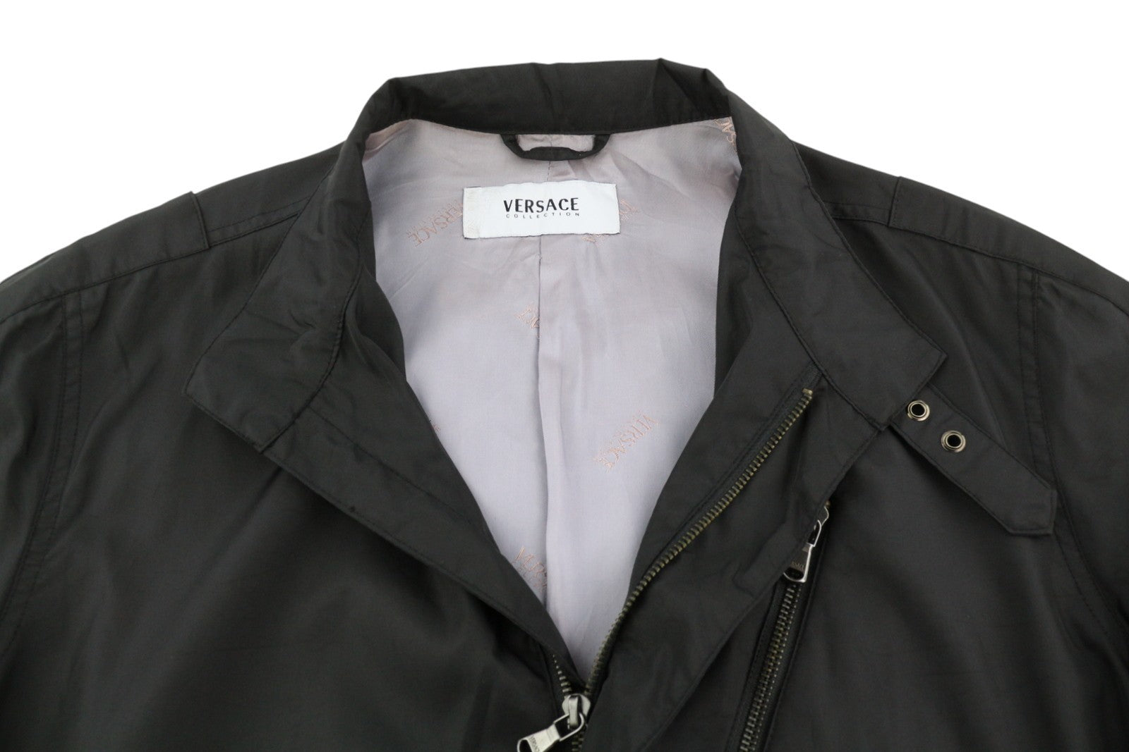 VERSACE Men Jacket 50 Black High Band Neck Lined Zipper Pockets Lightweight