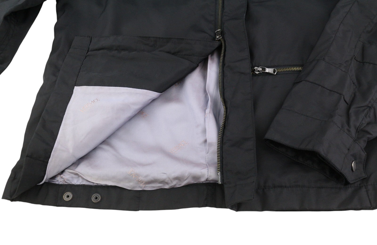 VERSACE Men Jacket 50 Black High Band Neck Lined Zipper Pockets Lightweight