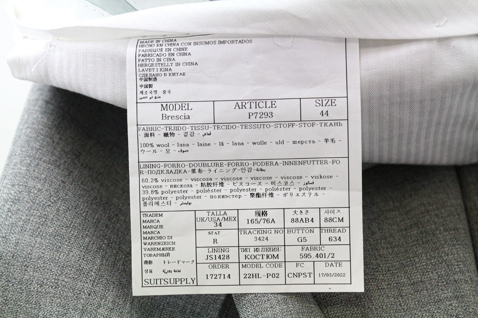 SUITSUPPLY Lazio Men's Suit UK34R Grey Tropical Melange Slim 2Pc Pure Wool