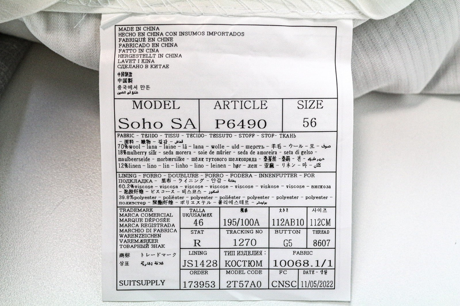 SUITSUPPLY Havana Jetted Men's Suit UK46R Grey Melange Wool Slim 2Pc Silk Linen