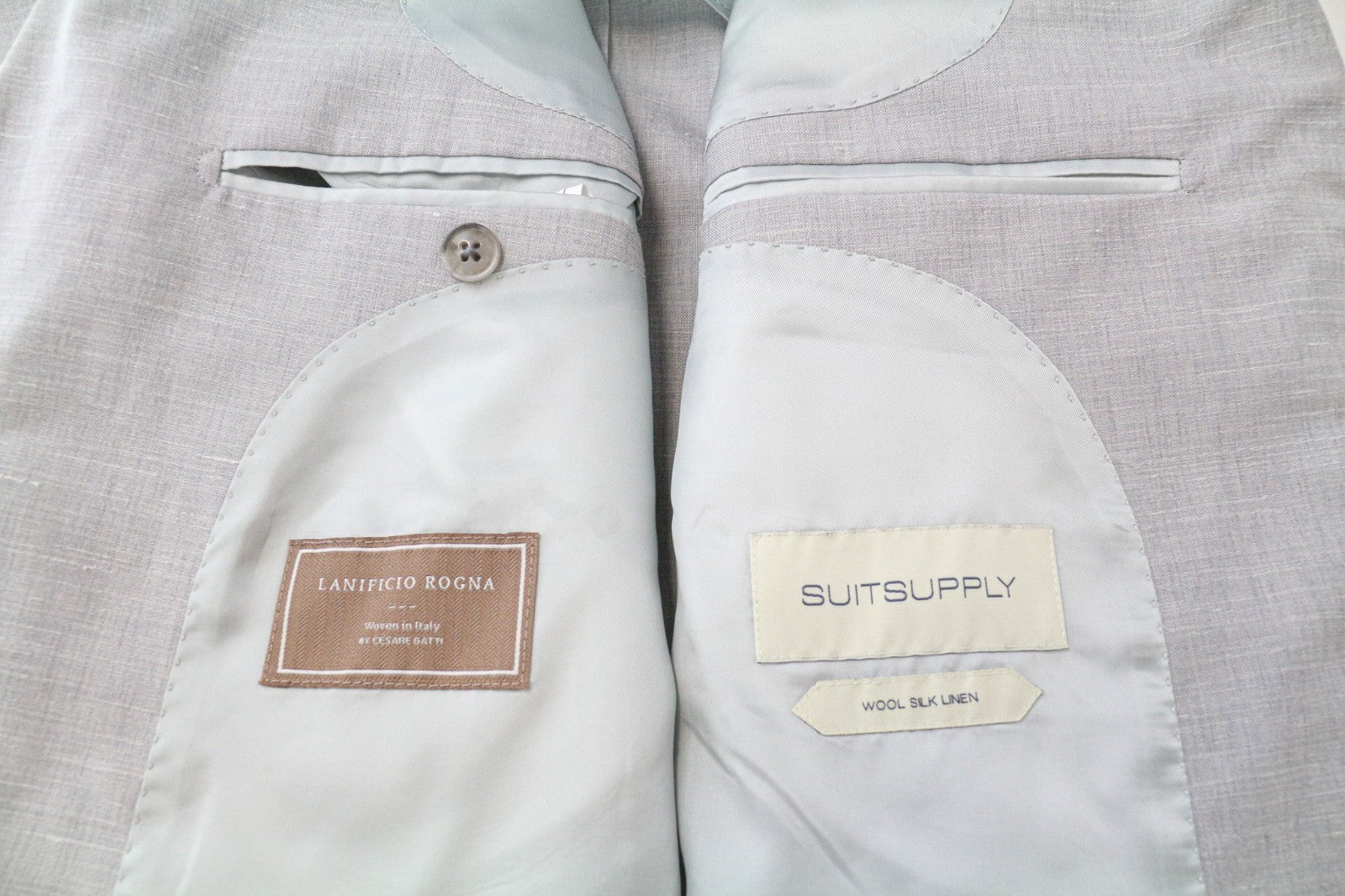 SUITSUPPLY Havana Jetted Men's Suit UK46R Grey Melange Wool Slim 2Pc Silk Linen