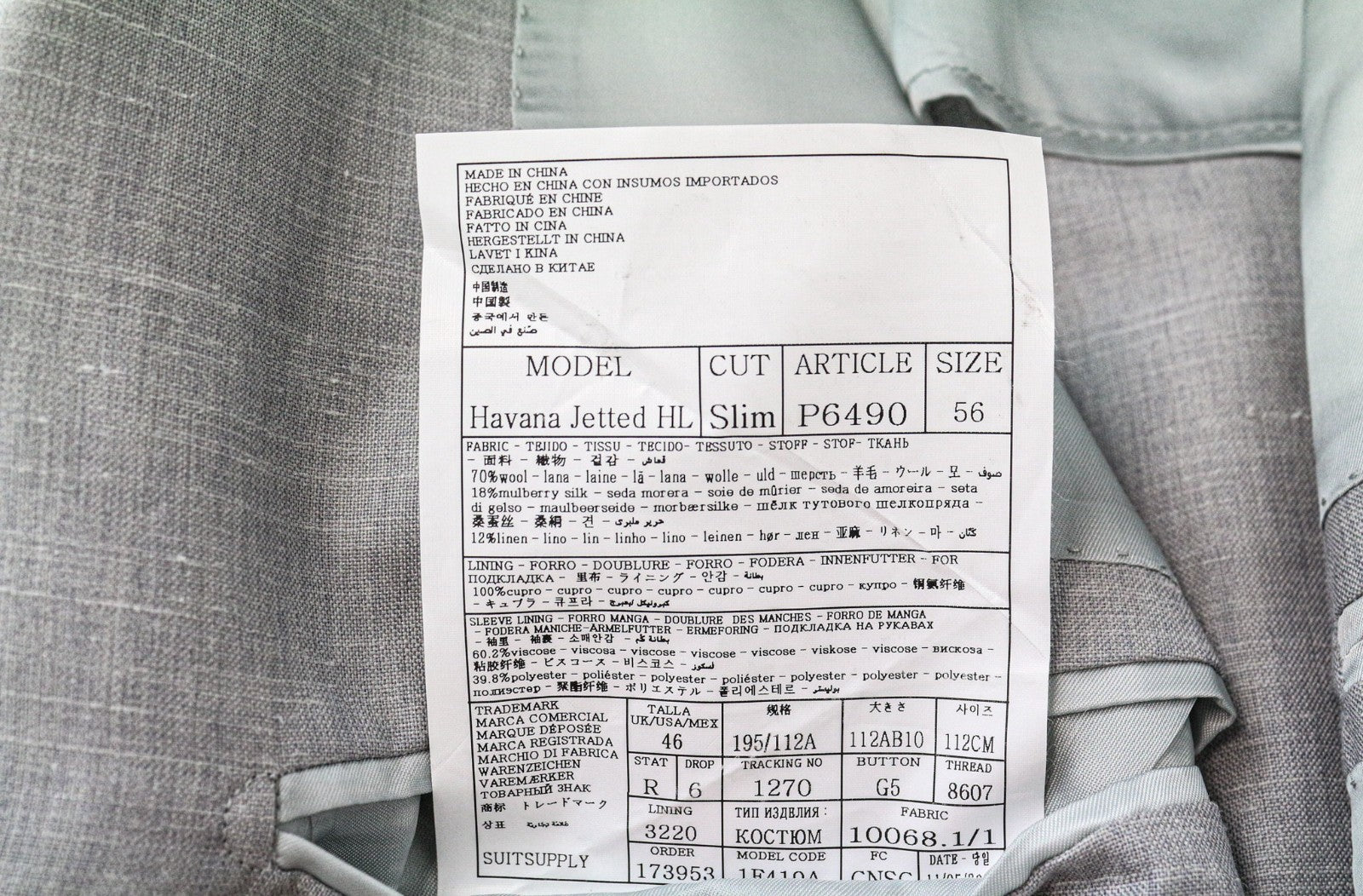 SUITSUPPLY Havana Jetted Men's Suit UK46R Grey Melange Wool Slim 2Pc Silk Linen