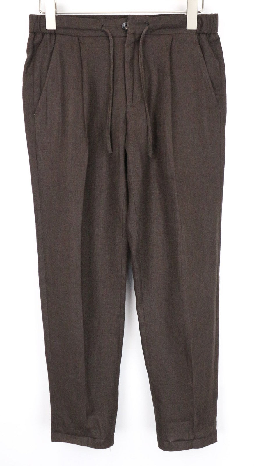 SUITSUPPLY Ames Pleat Men's Trousers UK30R Dark Brown Pure Linen Slim Drawstring
