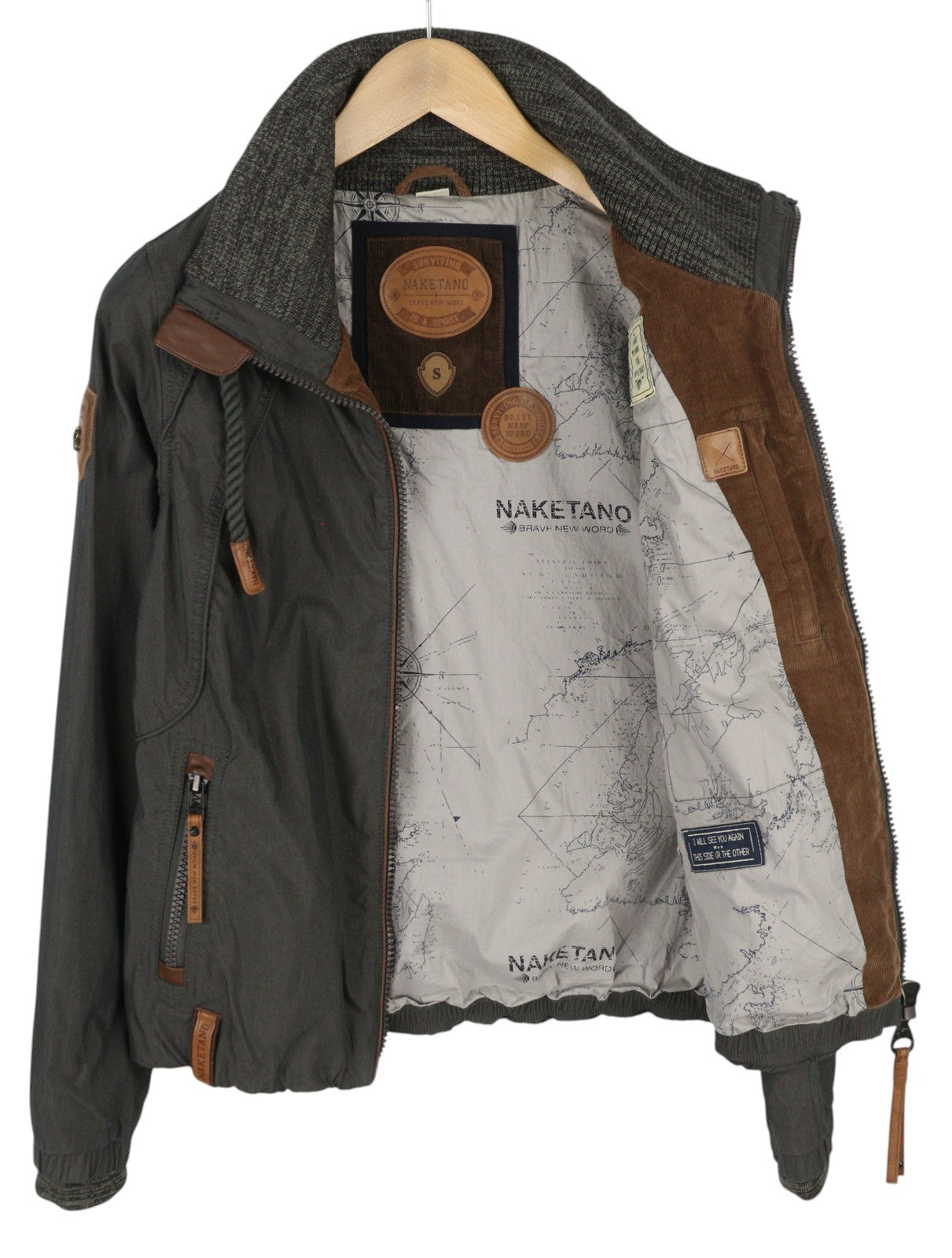 NAKETANO Women Jacket S Grey High Neck Lined Pockets Long Sleeve Lightweight