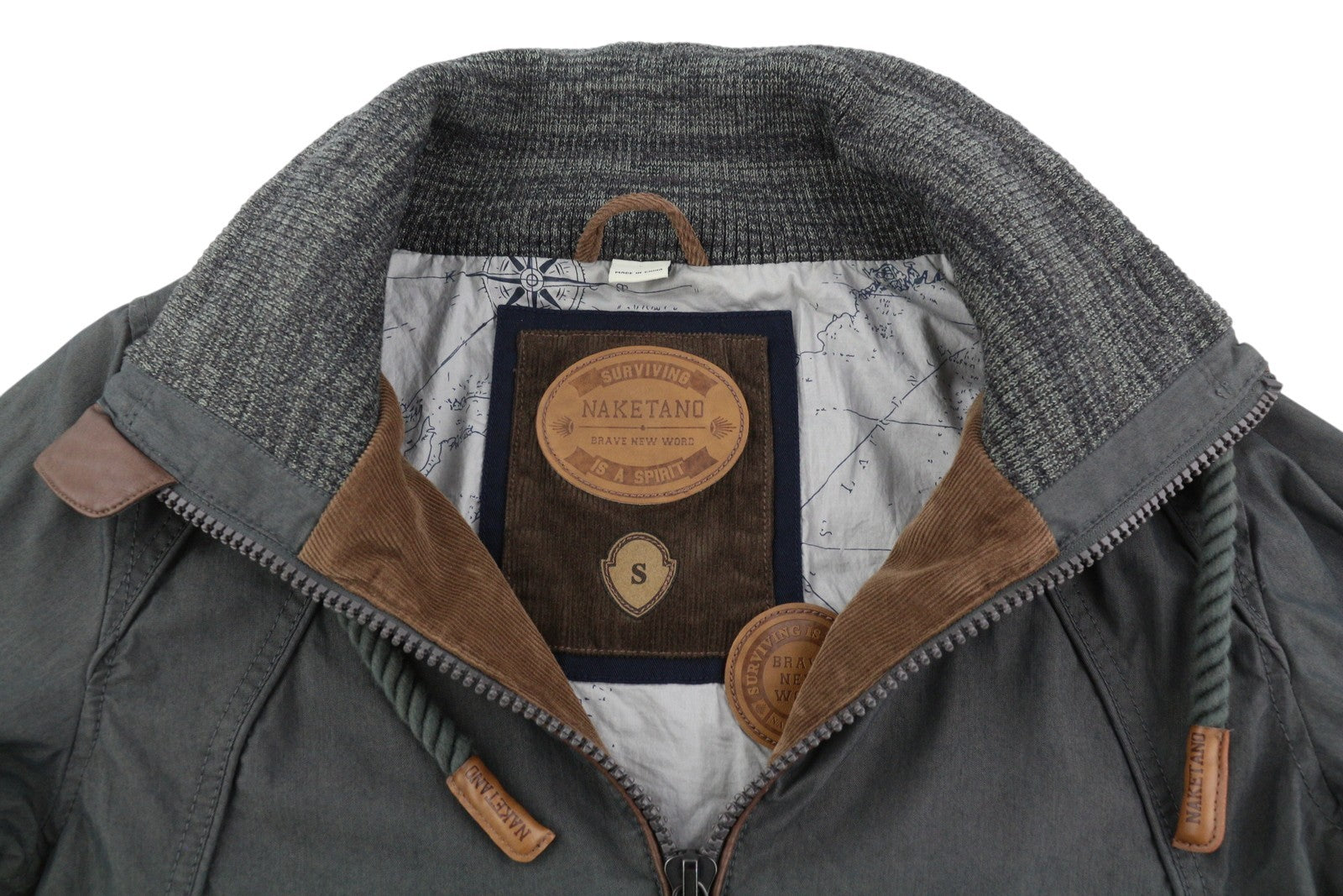 NAKETANO Women Jacket S Grey High Neck Lined Pockets Long Sleeve Lightweight