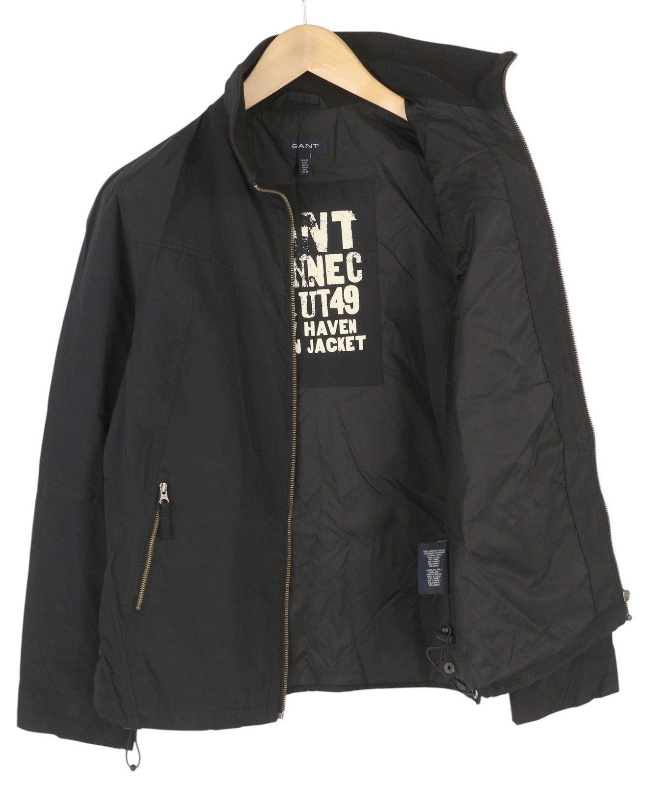 GANT Men Jacket M Black Full Zip High Neck Lined Pockets Logo Nylon Lightweight