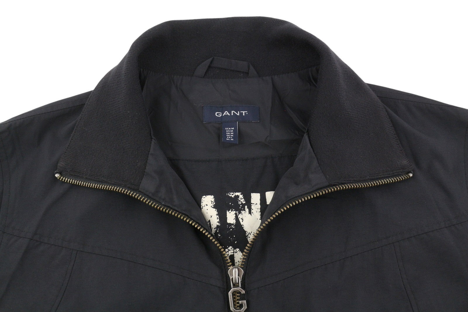 GANT Men Jacket M Black Full Zip High Neck Lined Pockets Logo Nylon Lightweight
