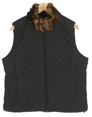 LAUREN RALPH LAUREN Women Waistcoat L Black Quilted Insulated Faux Fur Collar