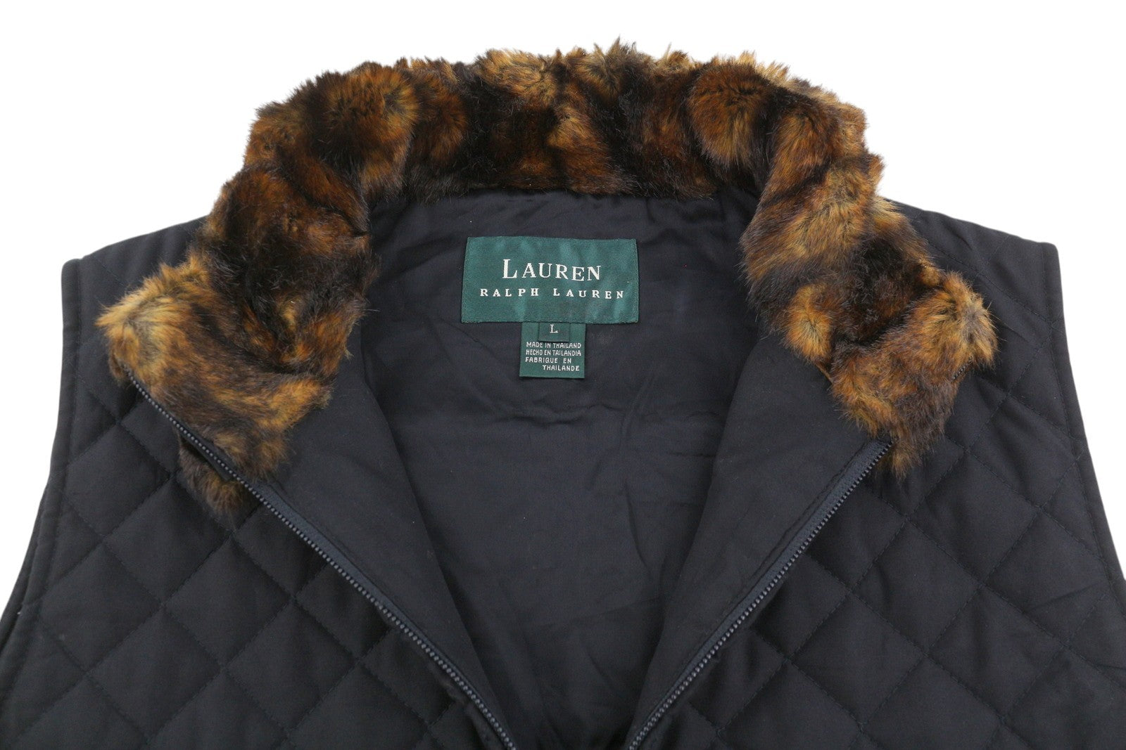 LAUREN RALPH LAUREN Women Waistcoat L Black Quilted Insulated Faux Fur Collar