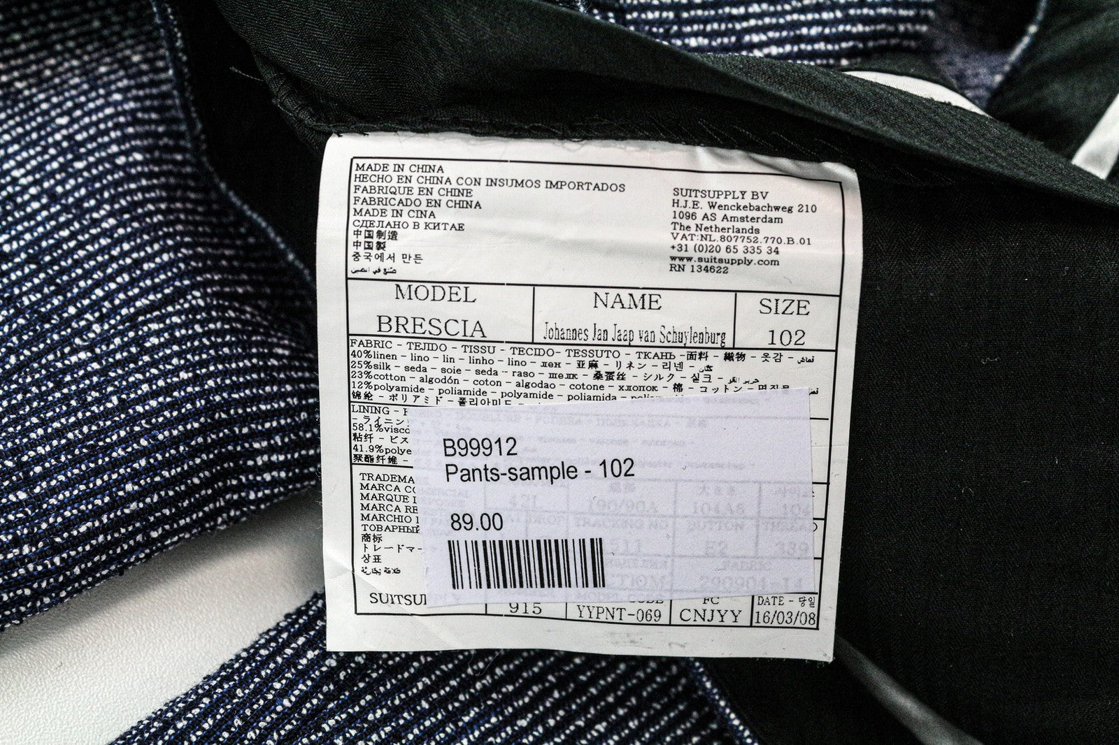 SUITSUPPLY Brescia Men's Trousers UK42L Blue Pattern Linen Silk Cotton Blend