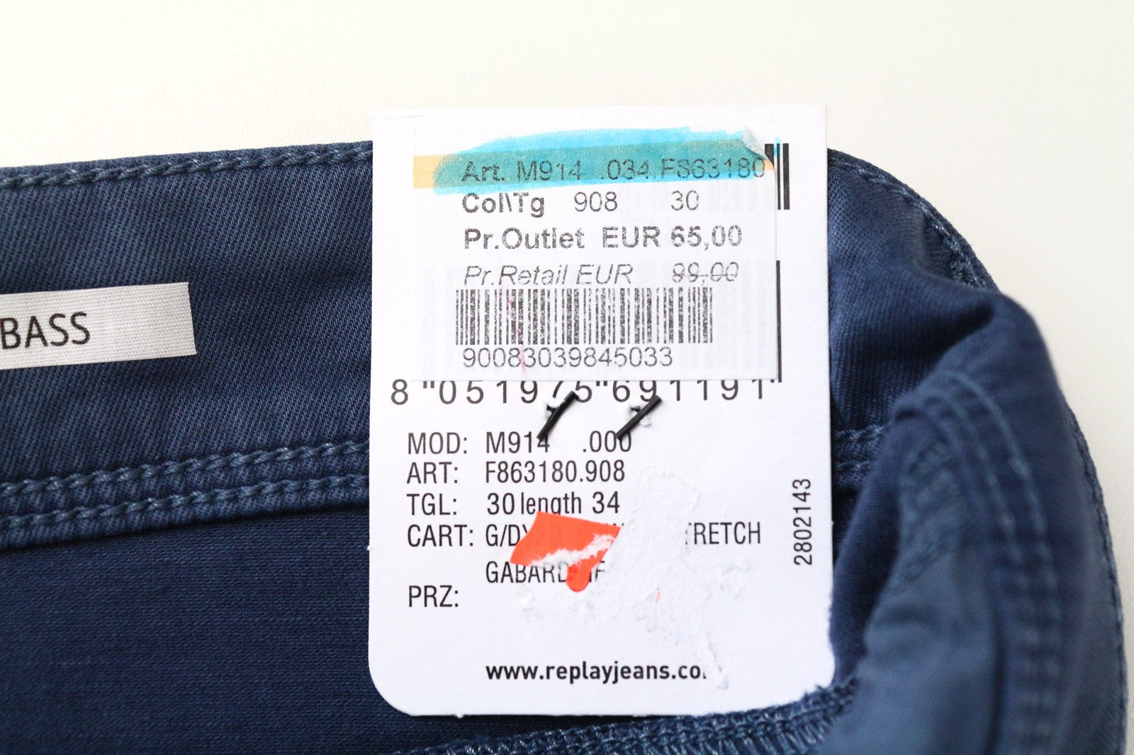 REPLAY Anbass Men's Trousers W30/L34 Slim Casual Blue Stretch Cotton 5-Pocket