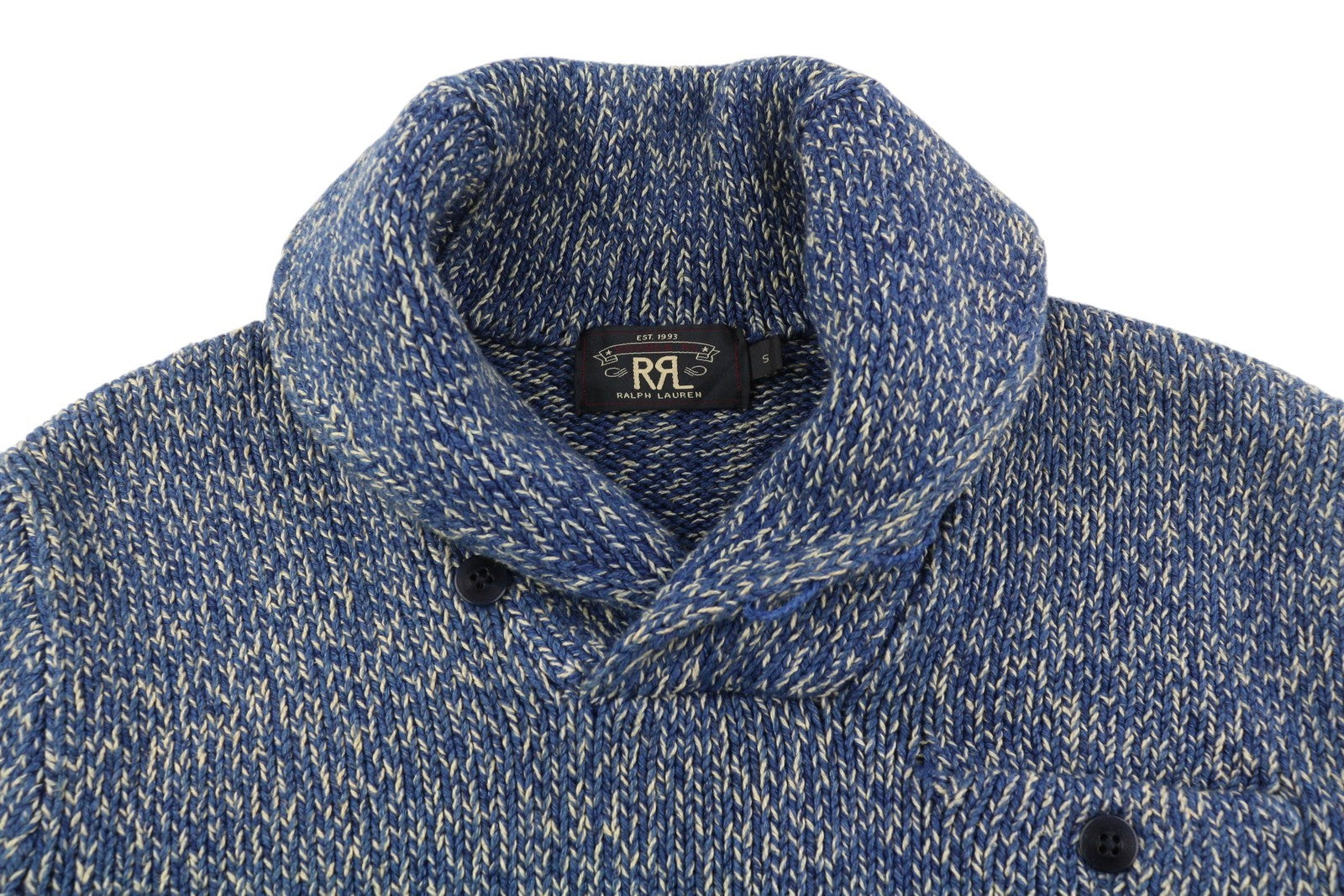 RRL RALPH LAUREN Men Jumper S Melange Blue Knitted Shawl Neck Pocket Pullover