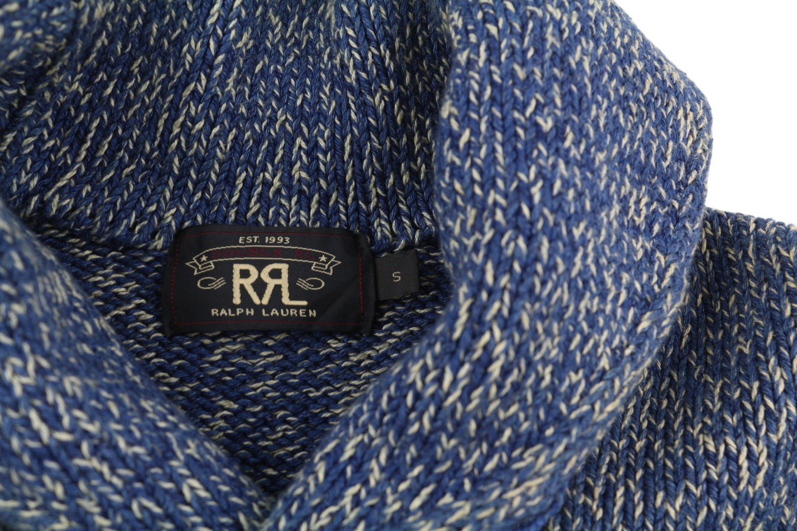 RRL RALPH LAUREN Men Jumper S Melange Blue Knitted Shawl Neck Pocket Pullover