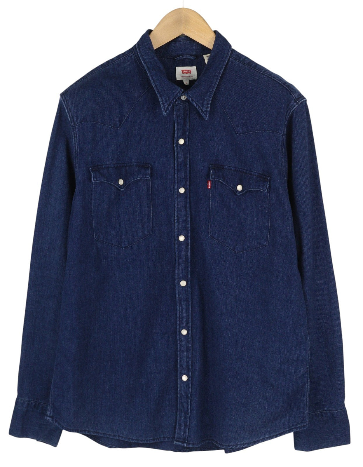 LEVI'S Men Shirt XL Blue Denim Western Snap Buttons Spread Neck Patch Pockets