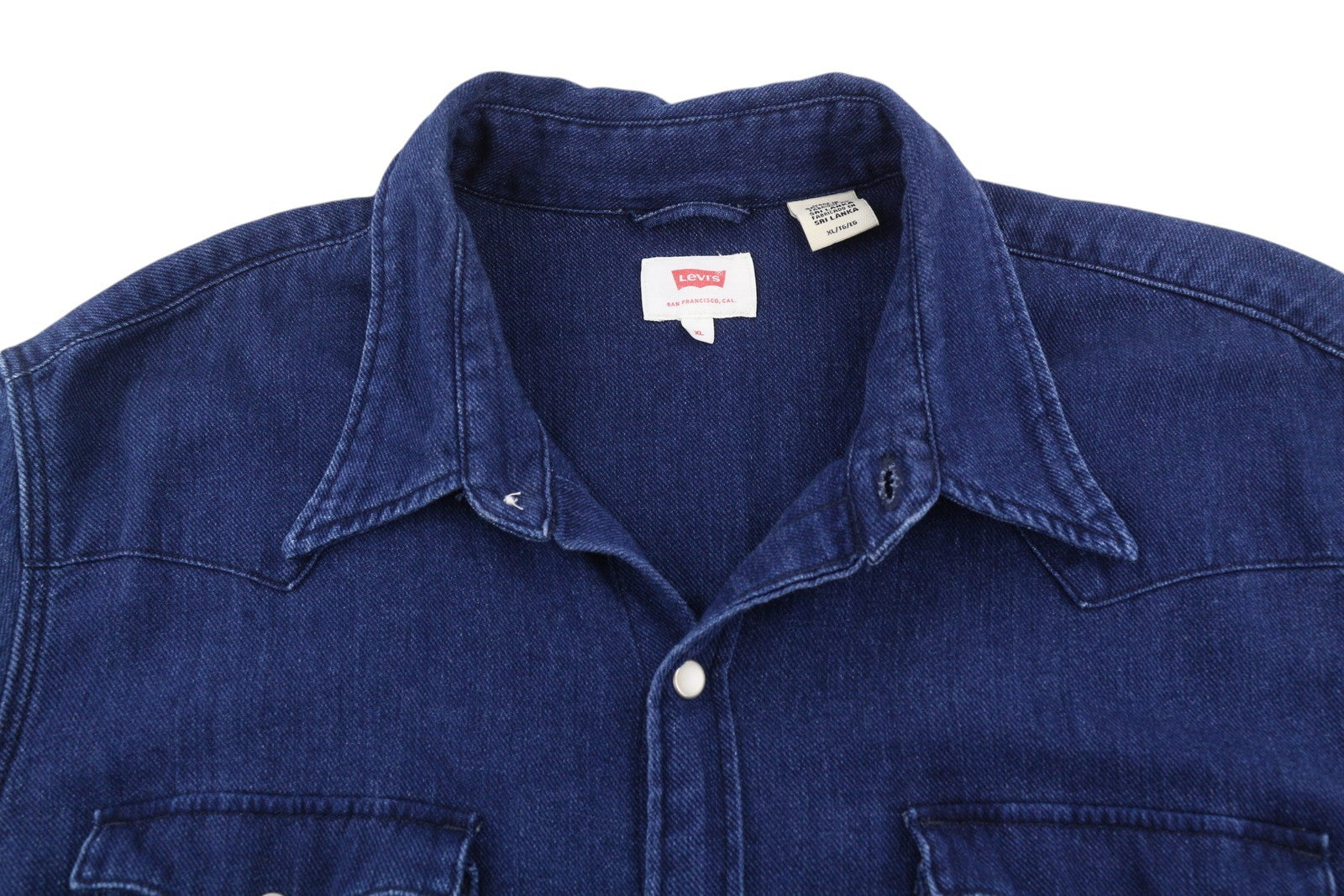 LEVI'S Men Shirt XL Blue Denim Western Snap Buttons Spread Neck Patch Pockets