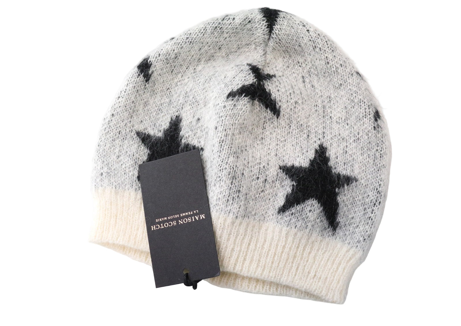 MAISON SCOTCH Women's Hat OS Grey Mohair Blend Beanie with Stars Pattern