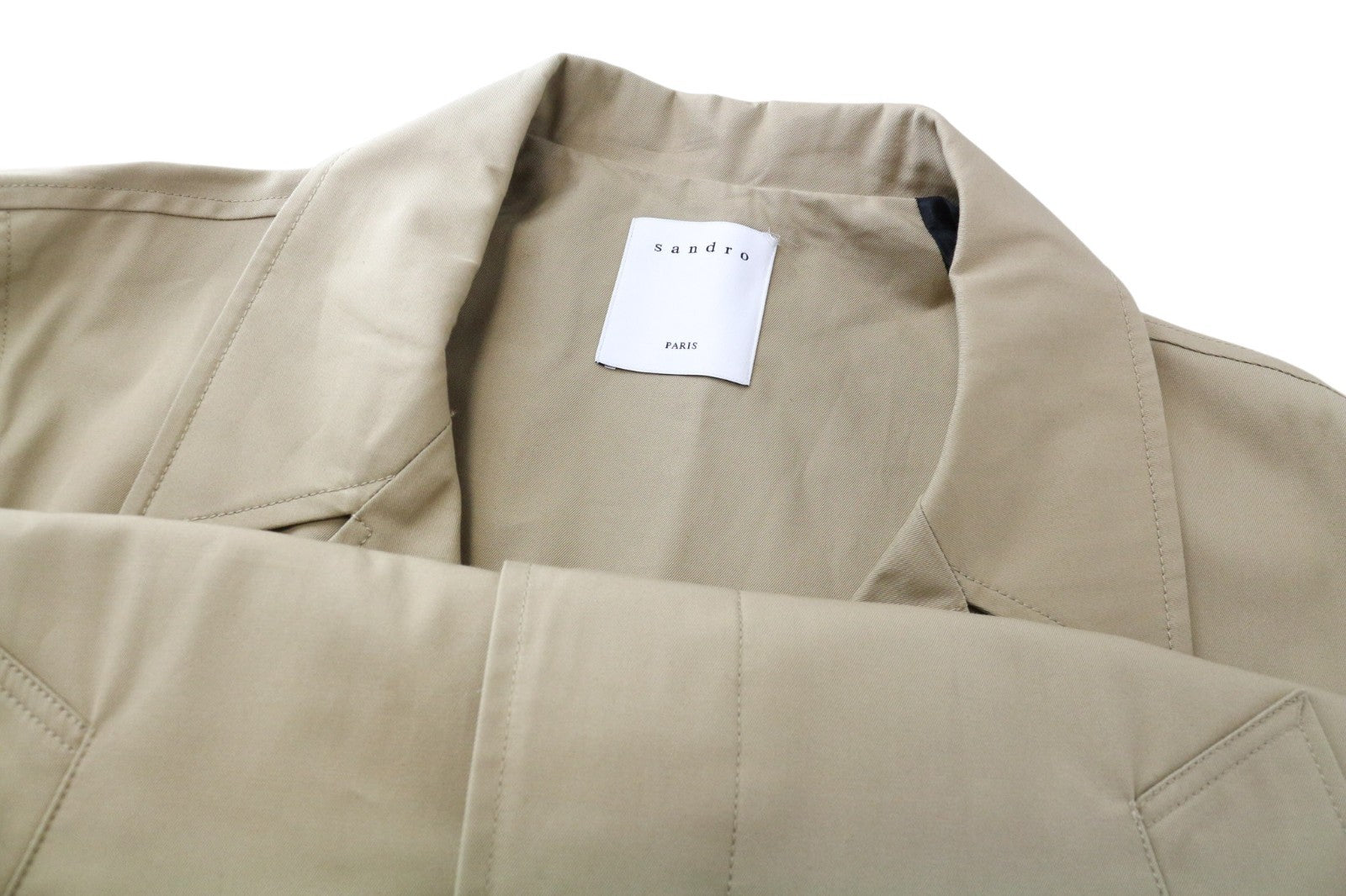 SANDRO Men's Coat L Beige Cotton Mid-Length Trench Button-Up Style