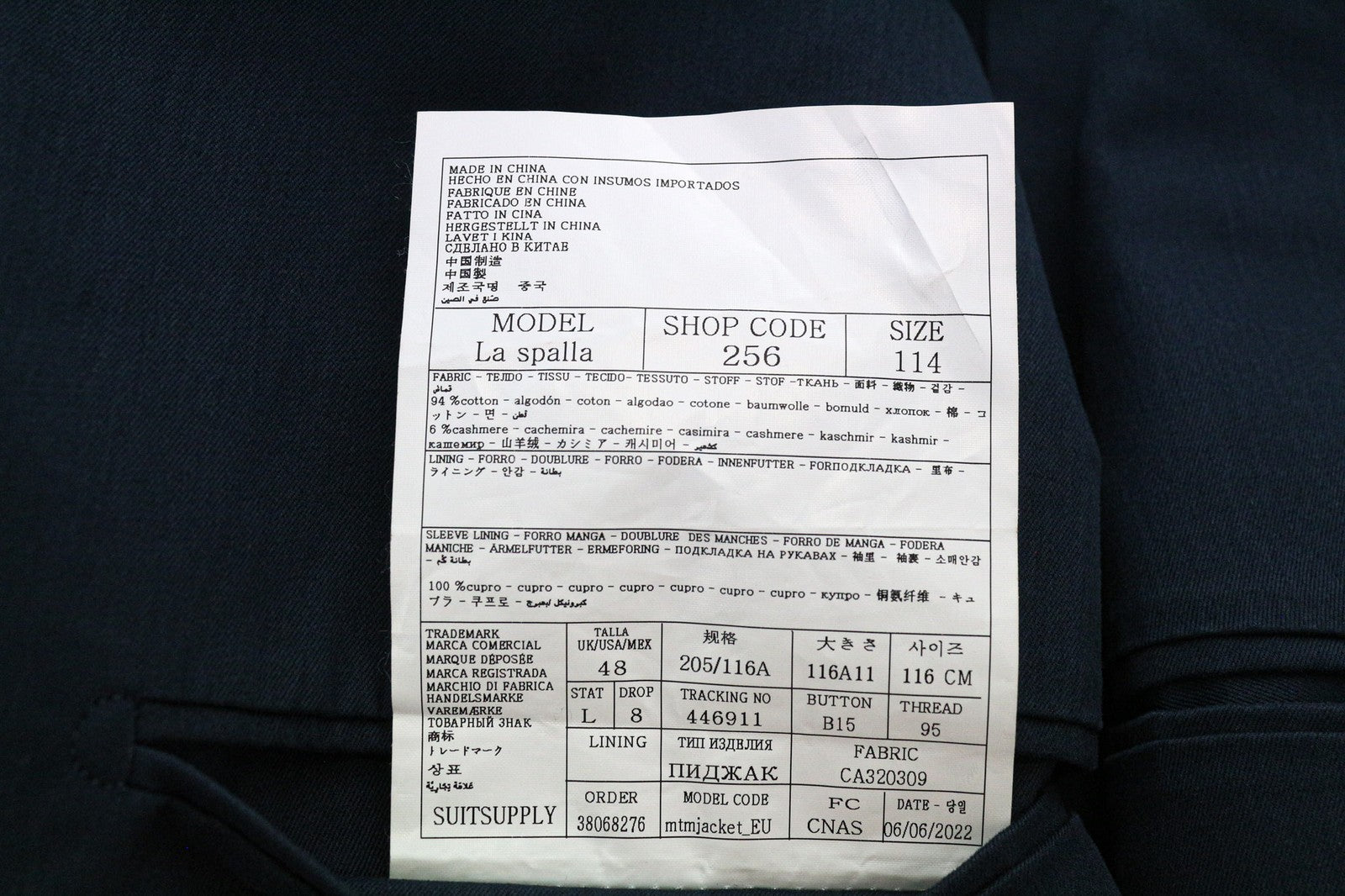 SUITSUPPLY La Spalla vyriškas švarkas, UK48L, mėlynai žalias, medvilninis kašmyras, be pamušalo 