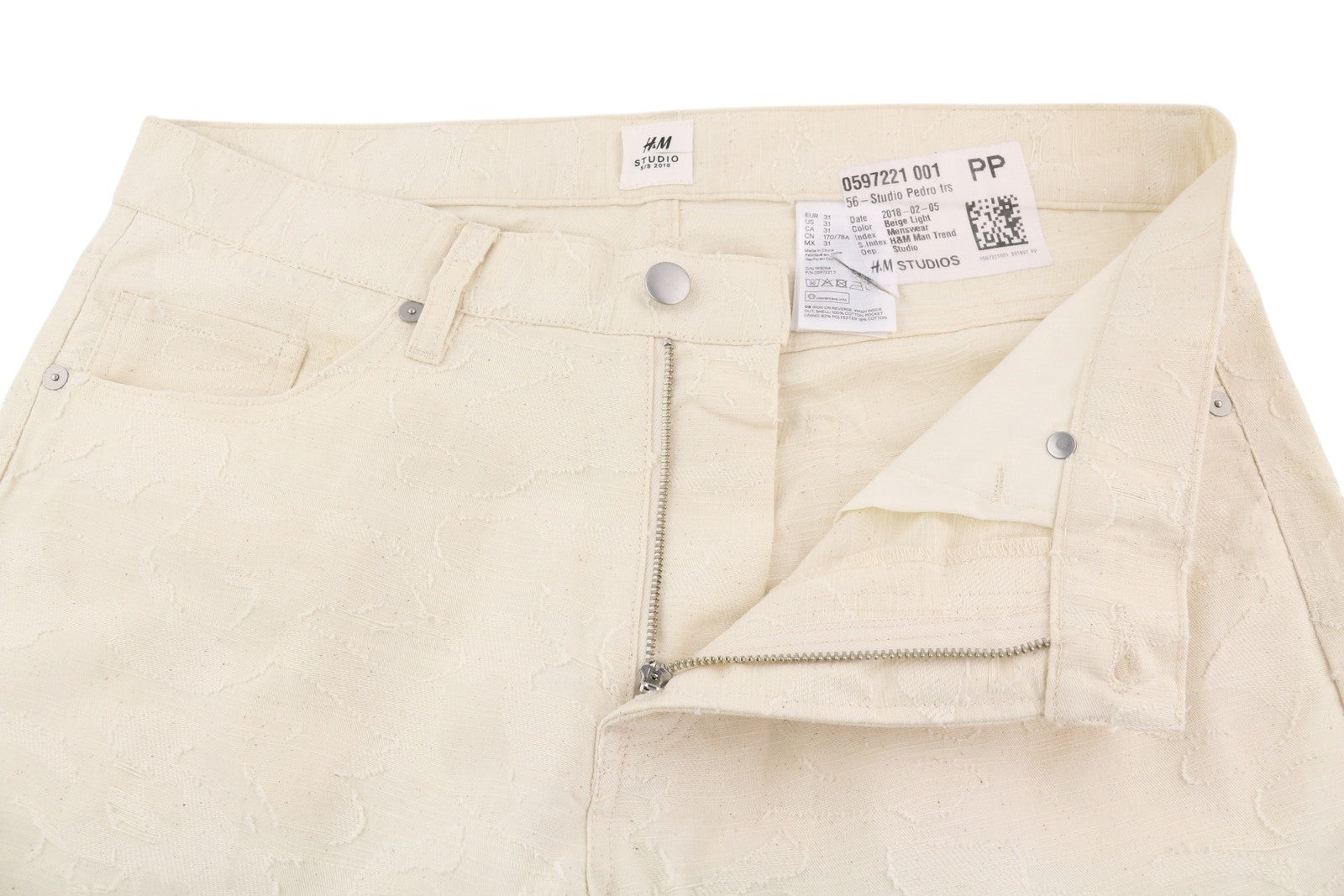 H&M Studios Pedro Men Trousers W31 Light Beige Textured Zip Fly Pockets Slim
