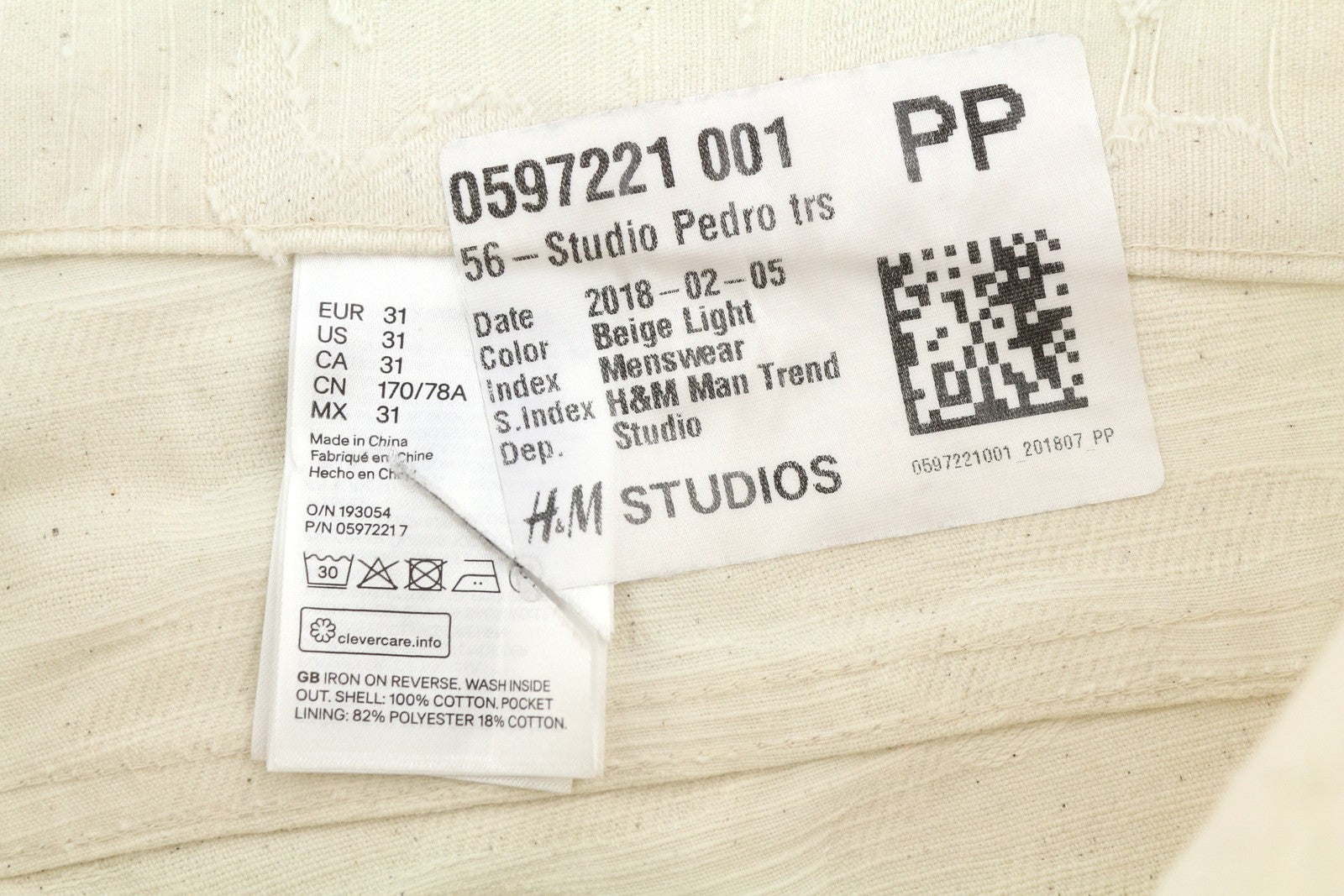 H&M Studios Pedro Men Trousers W31 Light Beige Textured Zip Fly Pockets Slim