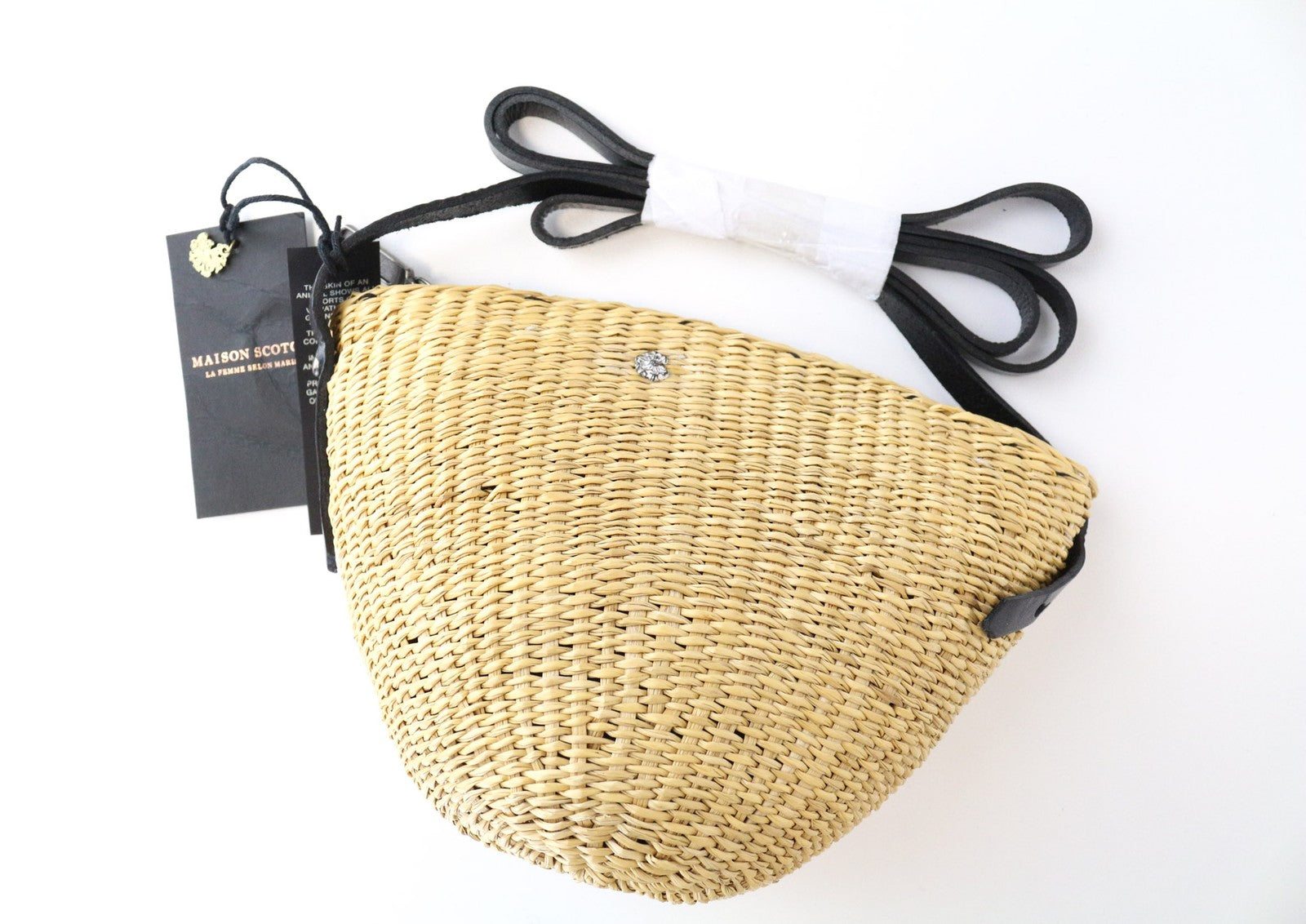 MAISON SCOTCH Women Straw Bag OS Wheat Brown Leather Handles Zipped