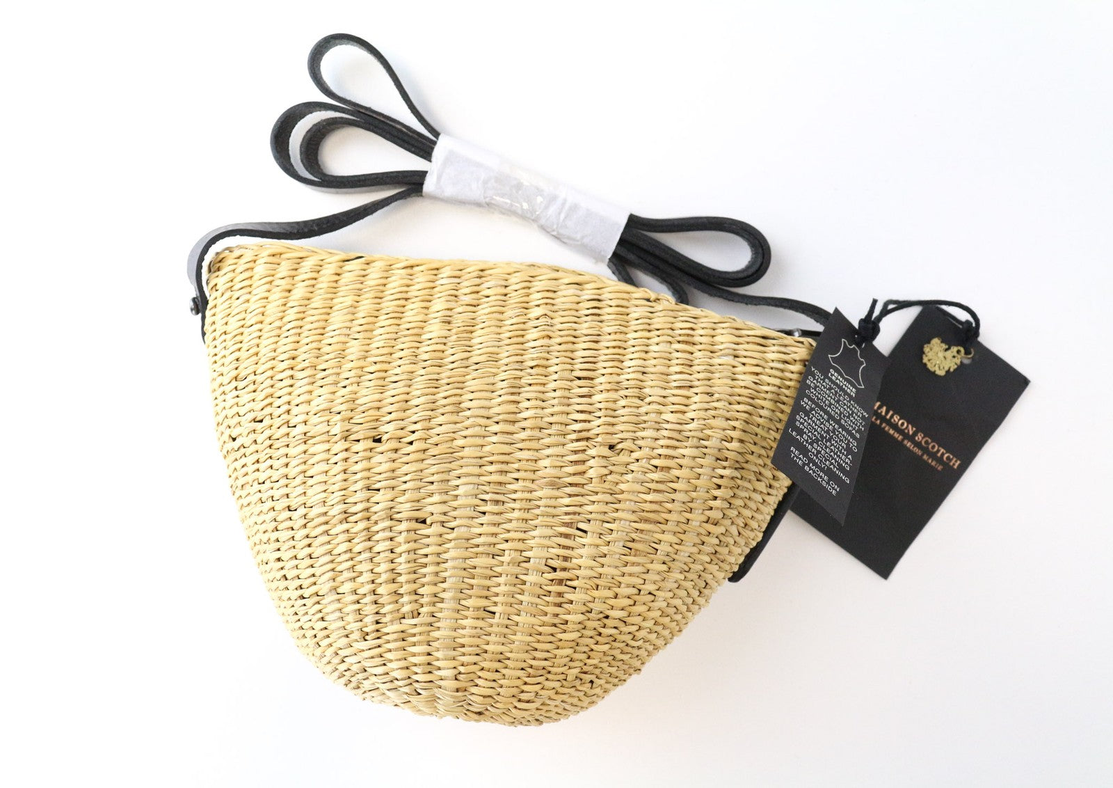 MAISON SCOTCH Women Straw Bag OS Wheat Brown Leather Handles Zipped