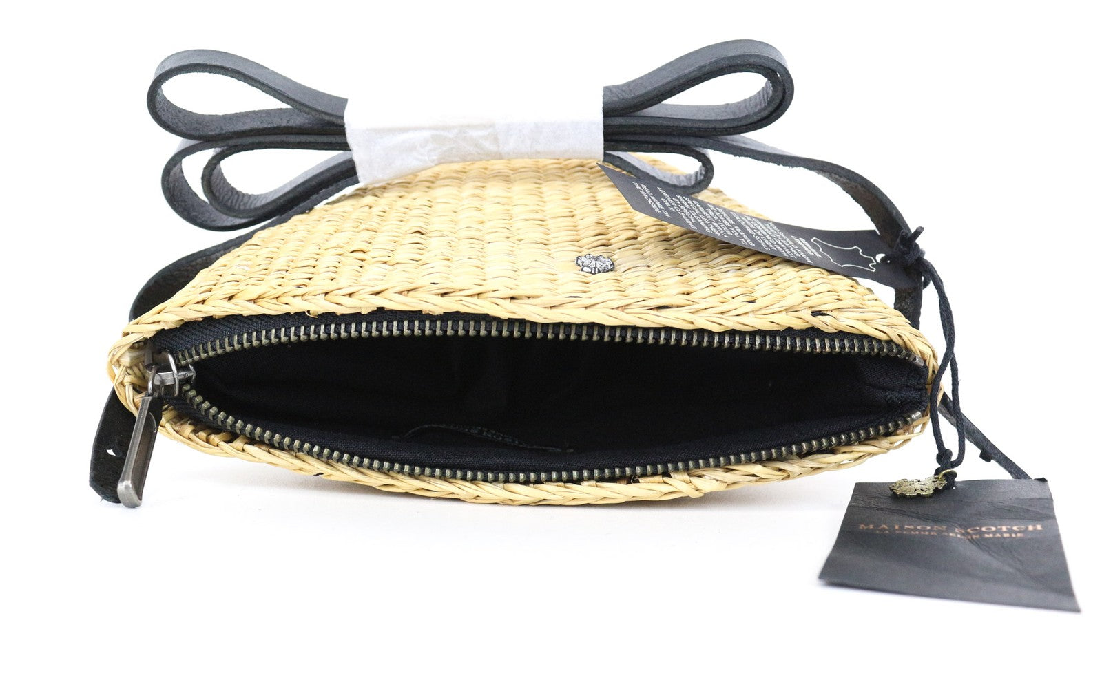 MAISON SCOTCH Women Straw Bag OS Wheat Brown Leather Handles Zipped