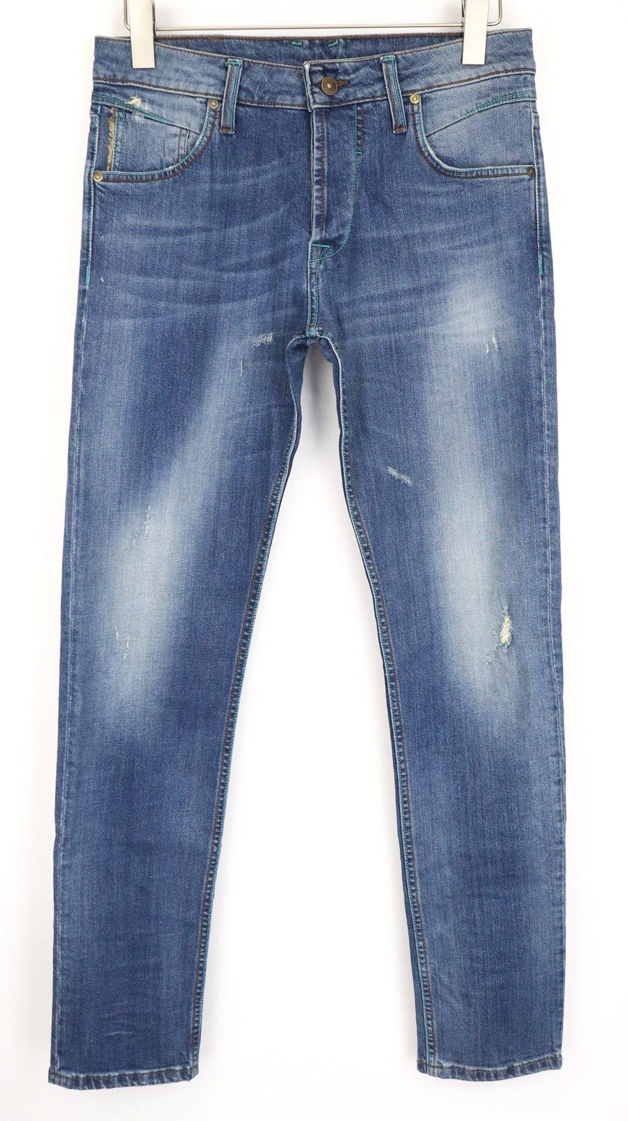 TAKESHY KUROSAWA vyriški džinsai W34 mėlyni, tamprūs, medvilniniai, prigludę, skalbti