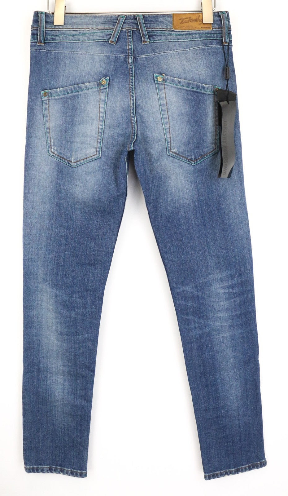 TAKESHY KUROSAWA vyriški džinsai W34 mėlyni, tamprūs, medvilniniai, prigludę, skalbti