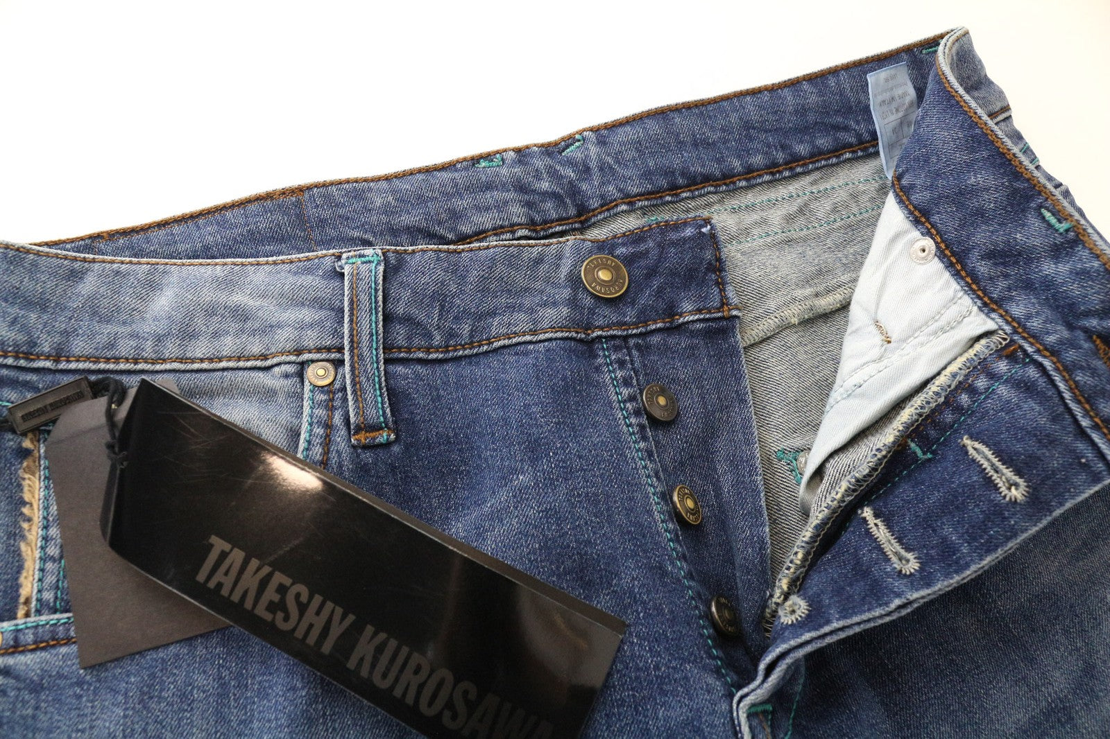 TAKESHY KUROSAWA vyriški džinsai W34 mėlyni, tamprūs, medvilniniai, prigludę, skalbti