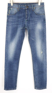 TAKESHY KUROSAWA vyriški džinsai W36 mėlyni, tamprūs, medvilniniai, prigludę, skalbti 