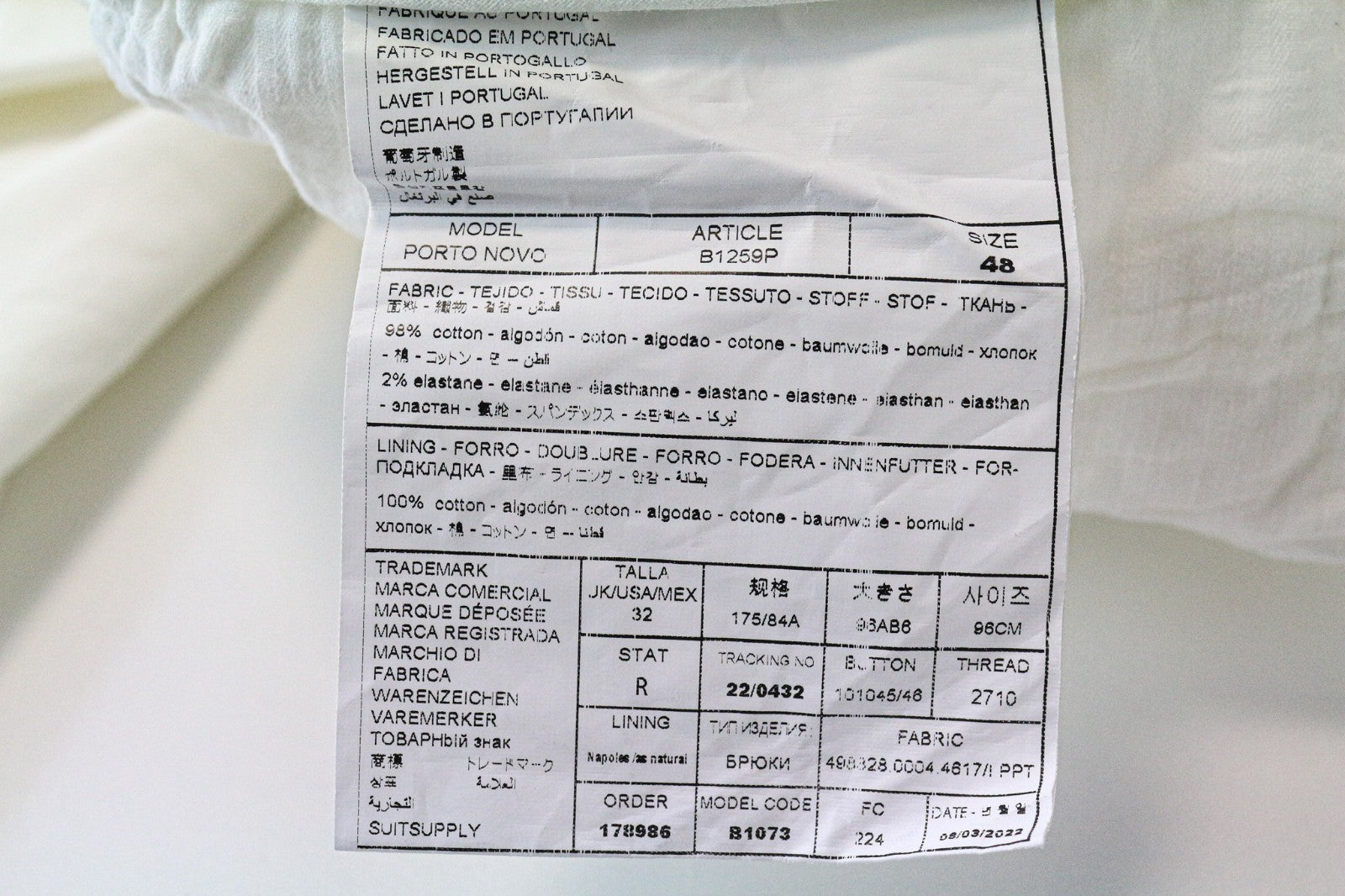 SUITSUPPLY Porto Novo Men's Pants UK32R White Slim Chino Stretch Flat Front