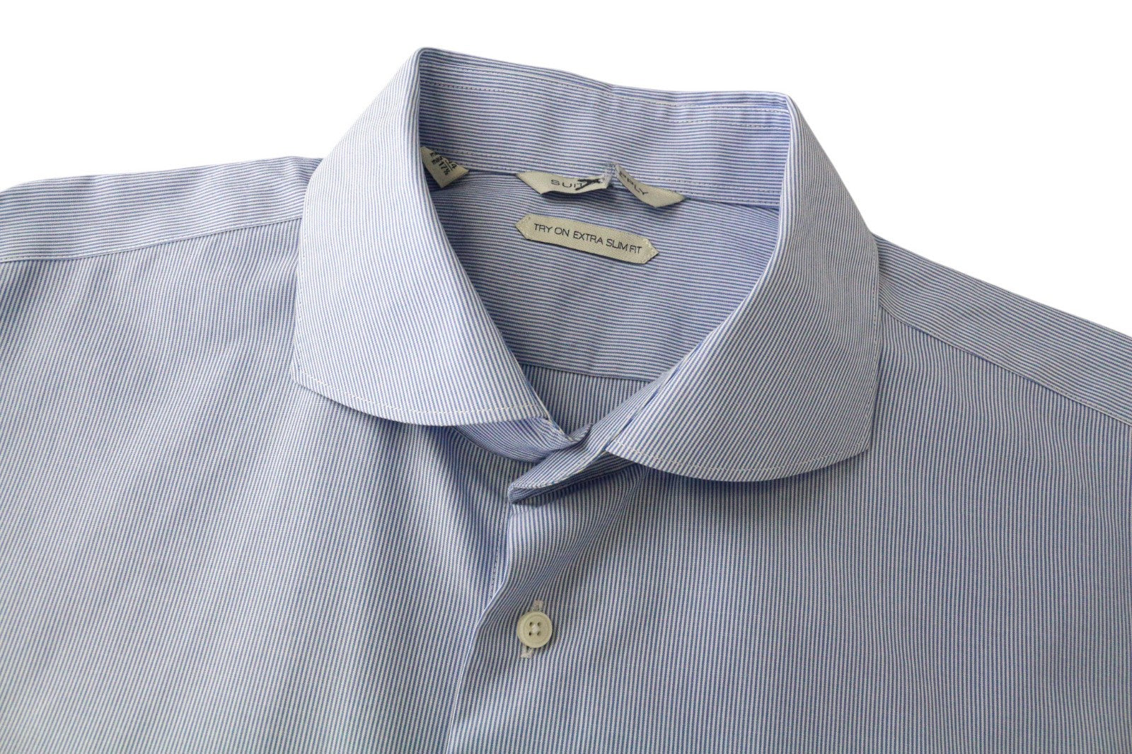 SUITSUPPLY Men's Formal Shirt 44/17.5 Extra Slim Blue Cotton Striped