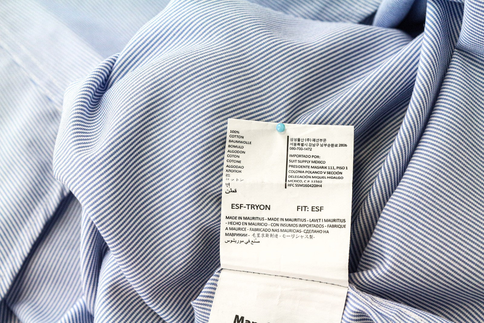 SUITSUPPLY Men's Formal Shirt 44/17.5 Extra Slim Blue Cotton Striped