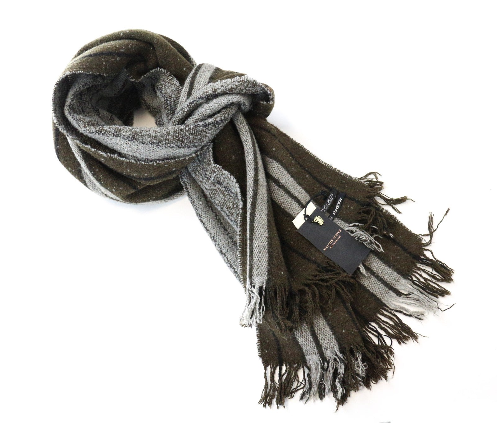 MAISON SCOTCH Women Scarf OS Green Grey Striped Tassels Casual