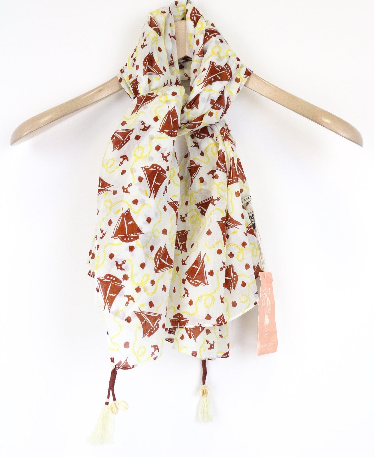 MAISON SCOTCH Women Scarf OS White Pure Cotton Sailboat Print Tassel