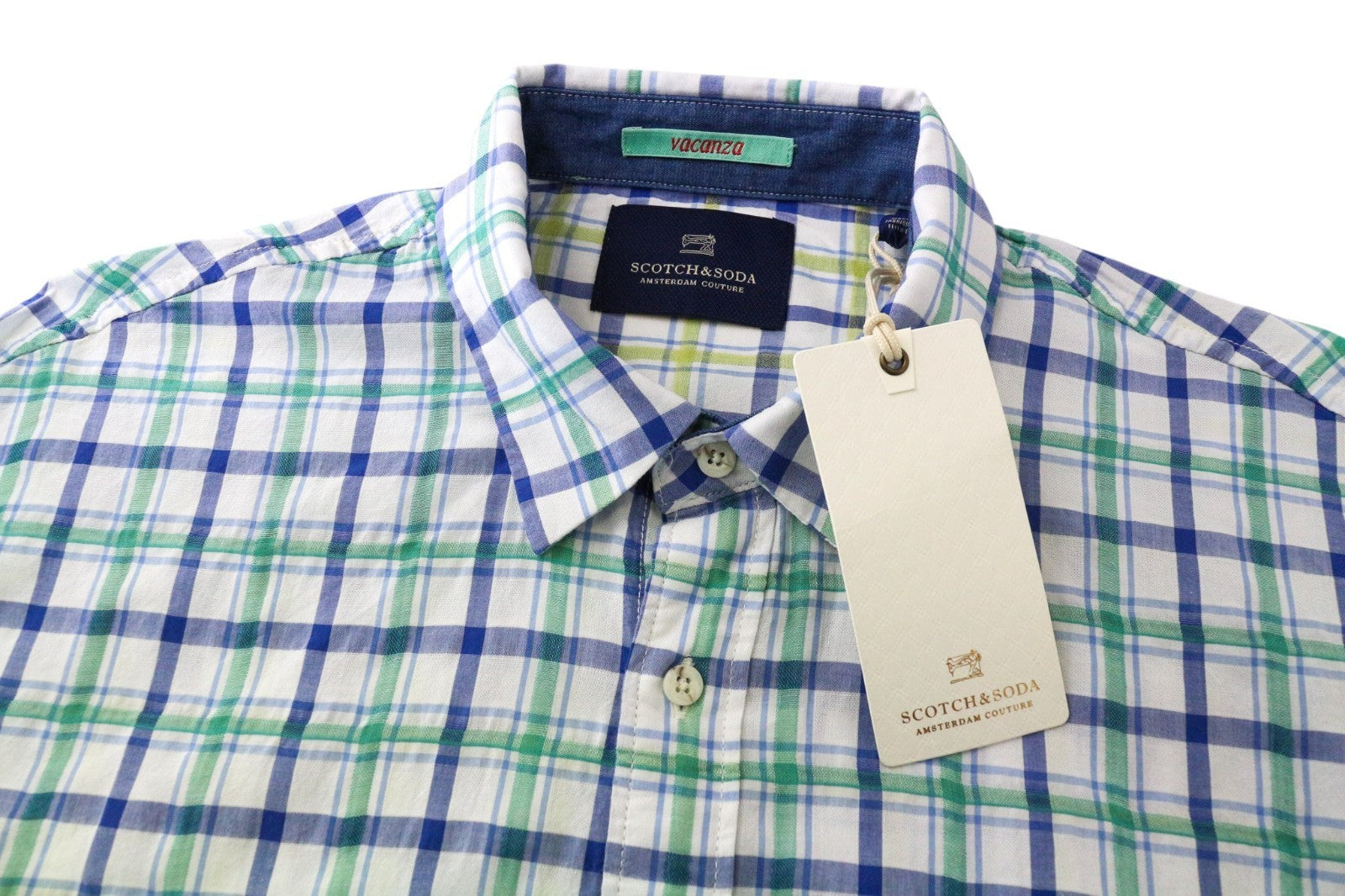 SCOTCH & SODA Ams Couture Men Shirt M Pure Cotton Blue White Check Pattern