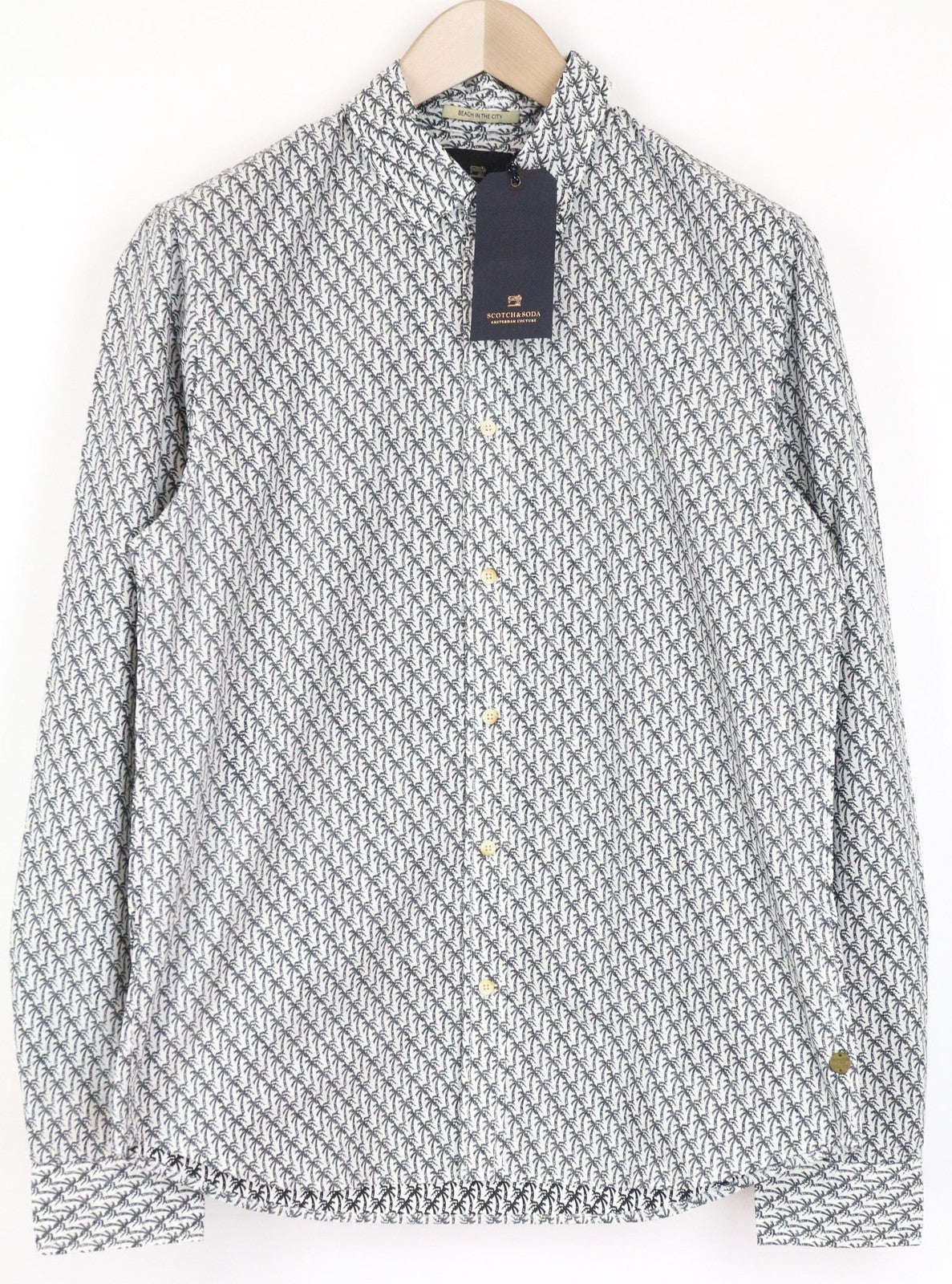 SCOTCH & SODA Ams Couture Men Shirt S Cotton Grey White Palm Pattern