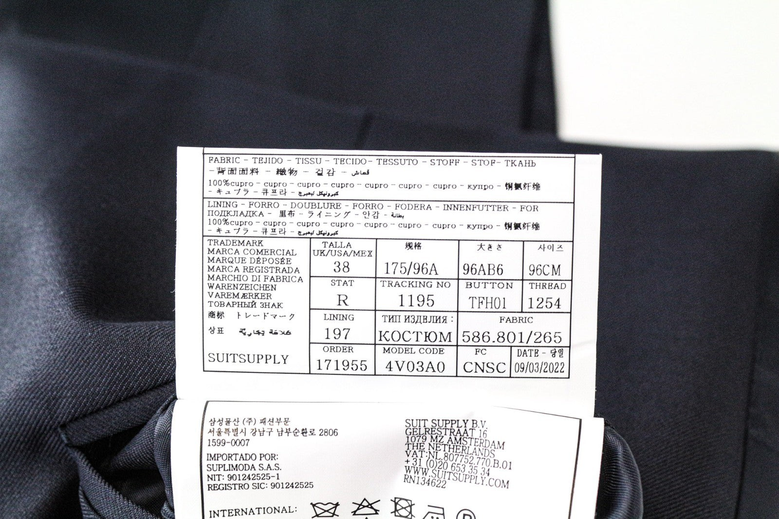 SUITSUPPLY Ferrara Men Suit UK38R Blue Slim 2-Piece Wool V-Neck Twill