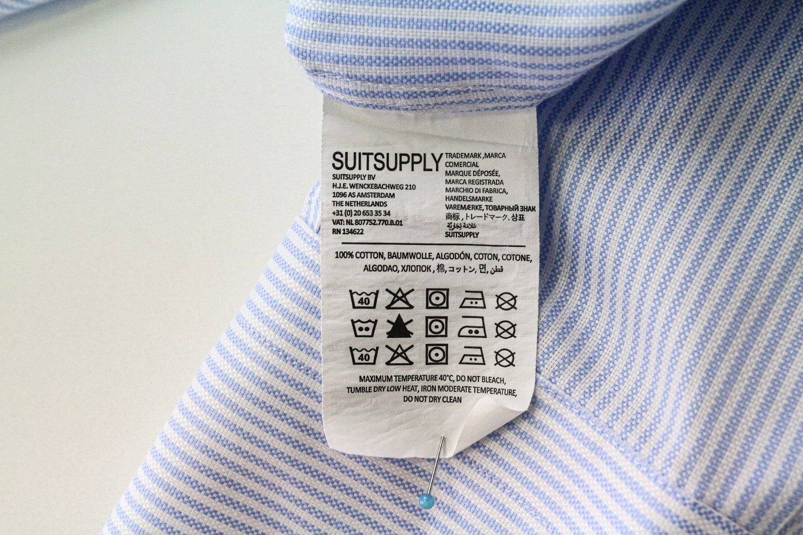 SUITSUPPLY Men's Formal Shirt 46/18 Extra Slim Blue Cotton Striped Classic